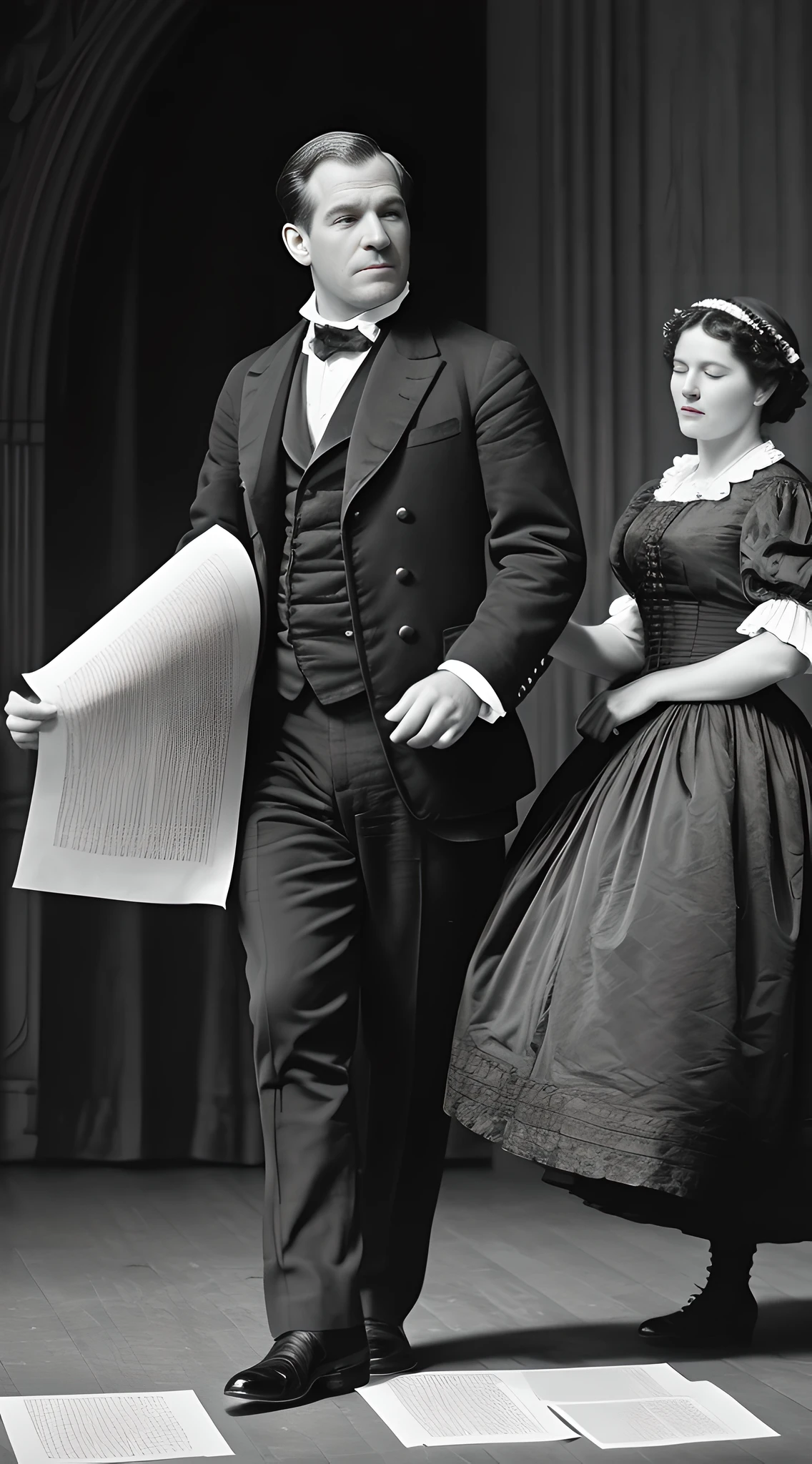 (masterpiece, 8K, detailed, high resolution:1.2), Andrew Johnson, (fumbling with a rolled parchment:1.1), unsteady posture, half-closed eyes, being escorted off stage, visible tension, elaborately dressed crowd, theater backdrop, ornate proscenium arch, (gaslights' soft glow:1.3), grayscale, (vintage photograph effect:1.2), warm sepia, candid, full body view.