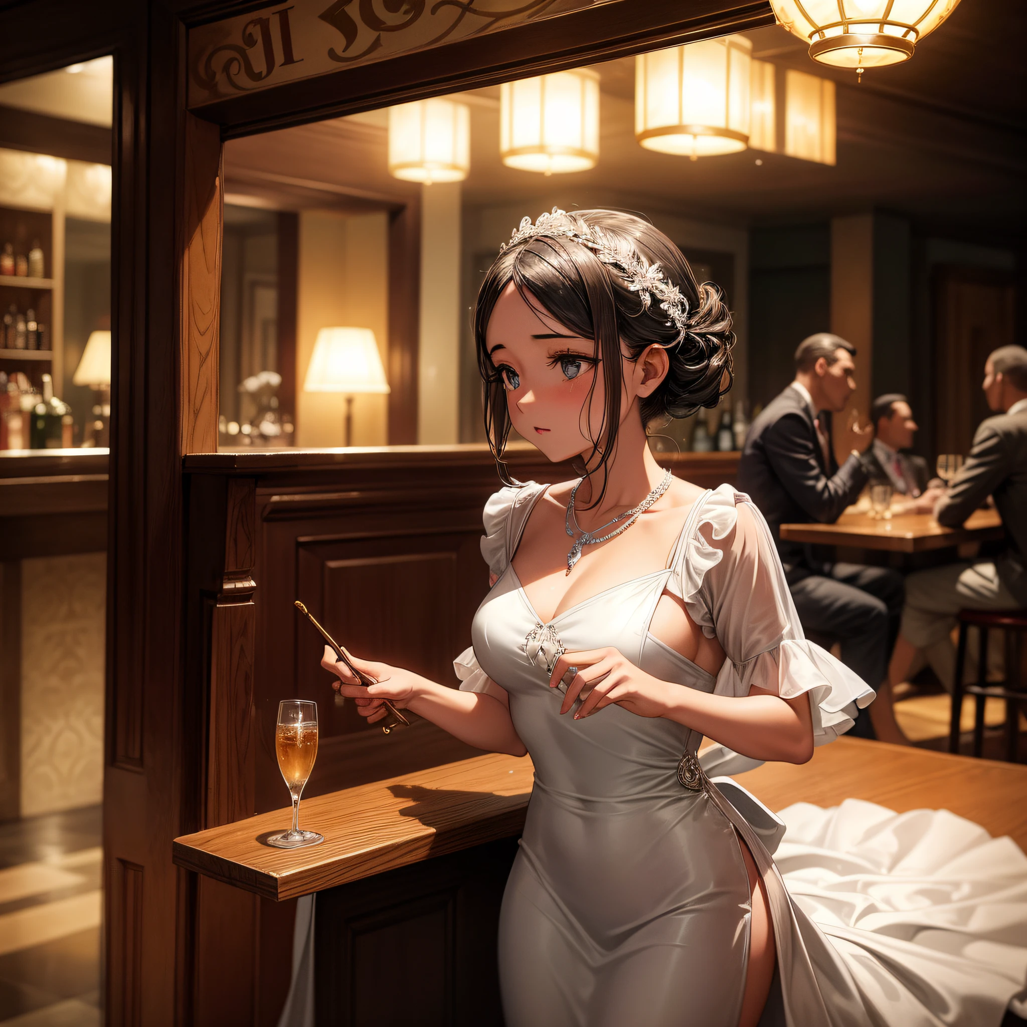 Uma imagem de uma sedutora sereia dos anos 1940, elegantemente vestida com um vestido justo, sentada no bar de um vintage speakeasy. A cena se passa em preto e branco, capturing the timeless allure of the time with its dimly lit ambience and jazz playing in the background.