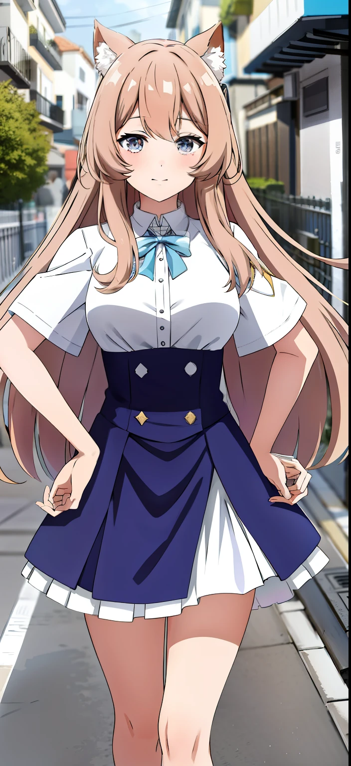 raphtalia, rostro enojado, white t-shirt, blue skirt, en medio de la calle,