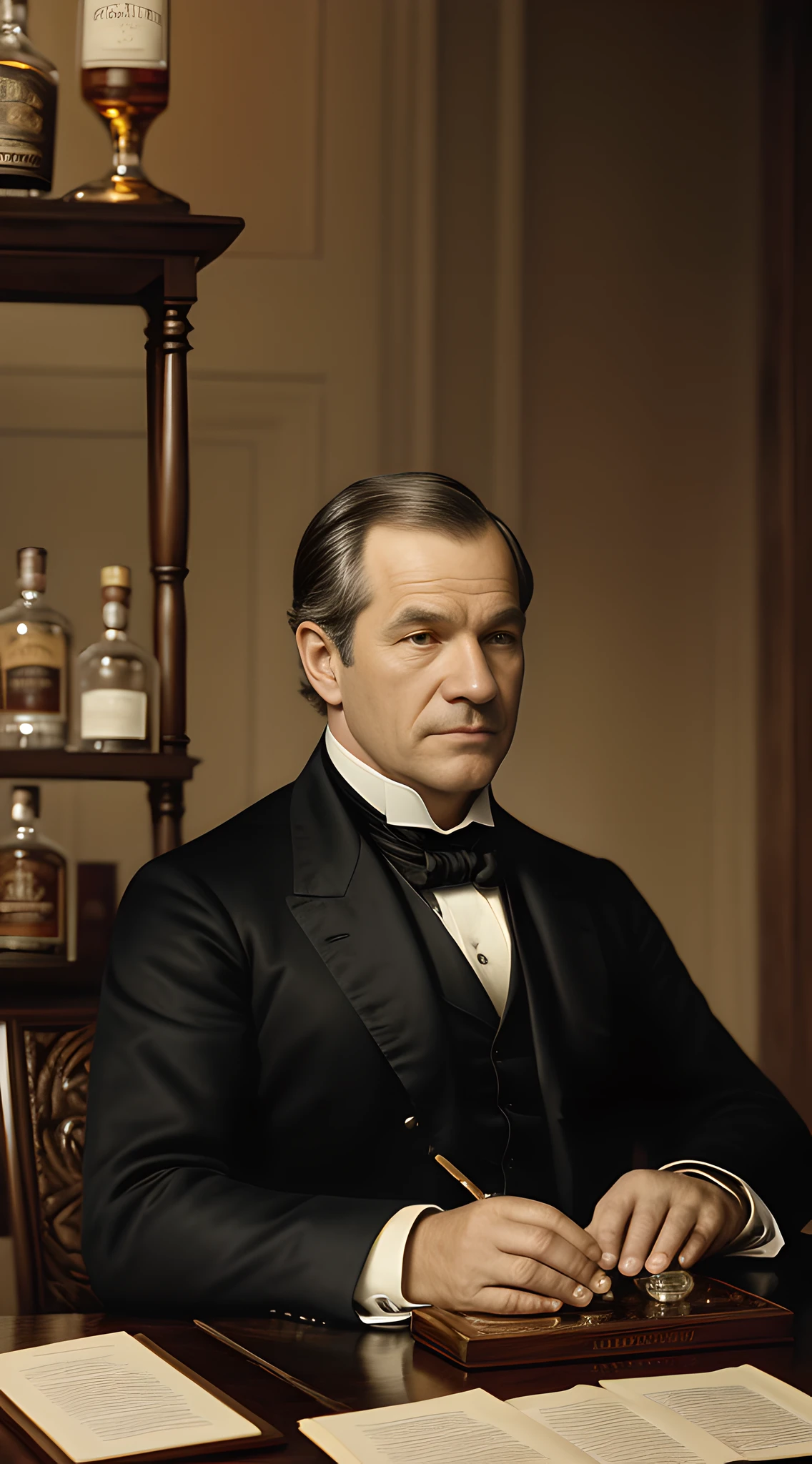 (masterpiece, high resolution, detailed, best quality:1.2), Andrew Johnson, (visibly unwell:1.3), in (elegant presidential attire:1.2), feverish sweat, gritted determination, classic 19th-century presidential office, intricately carved table, (two whiskey bottles, empty:1.3), faded parchment, quill and ink, dimly lit room, sepia tones, quiet struggle, side view, extreme close-up.