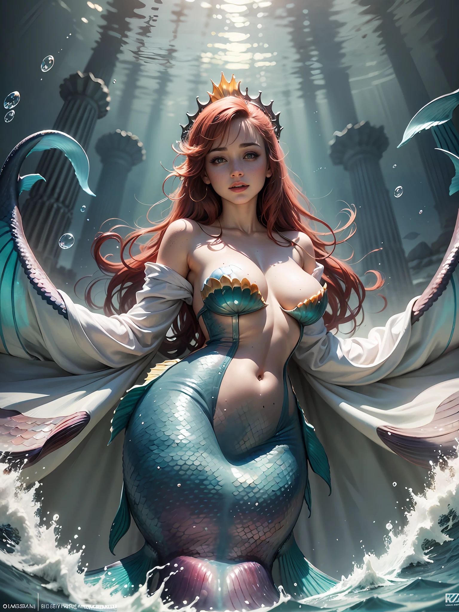 ((((Mermaid)))), busy sunken city, foreshortening, (seductive pose), looking at viewer, mad, (eye contact), photorealistic, masterpiece, realistic, high contrast, hyper detailed, best quality, ultra high res, photorealistic, high resolution, detailed, raw photo, beautiful ocean empress, detailed eyes, detailed face, detailed skin,mature body, tall body, seductive body, big breast, medium thigh, ocean and pyramid backgrounds, phoenix dragon in sky, highly saturating sunbeams, holy ceremony, golden and blue spark dazzling around, holy magic circle, golden crown , golden magical lightning, best quality, masterpiece, trending on Artstation Detailed, Realistic,4k highly detailed digital art,octane render, bioluminescent, 8K resolution concept art, realism, by Mappa studios, masterpiece, best quality, (1girl), official art, illustration, ligne claire, (cool_color), perfect composition, absurdres, fantasy, focused, (clear clothing, transparent cloth, see-through material), (red hair, freckles, huge breasts, nearly naked, underboob), Milana Vayntrub, silk robes, detailed background, 20 yo, natural, amazing body, pronounced feminine feature, speaking, laughing, (((no panties))), dark pubic hair, ((deep ocean)), ((under water))
