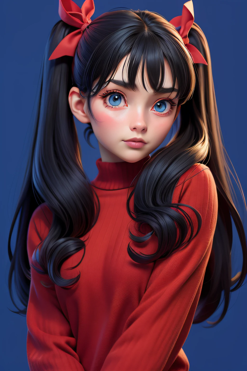 1girl, tohsaka rin, solo, long hair, sweater, red sweater, looking at viewer, blue background, black hair, simple background, two side up, turtleneck, blue eyes, lips, closed mouth, ribbon, hair ribbon, bangs, turtleneck sweater, upper body, parted bangs, black ribbon, ribbed sweater, twintails, nose,