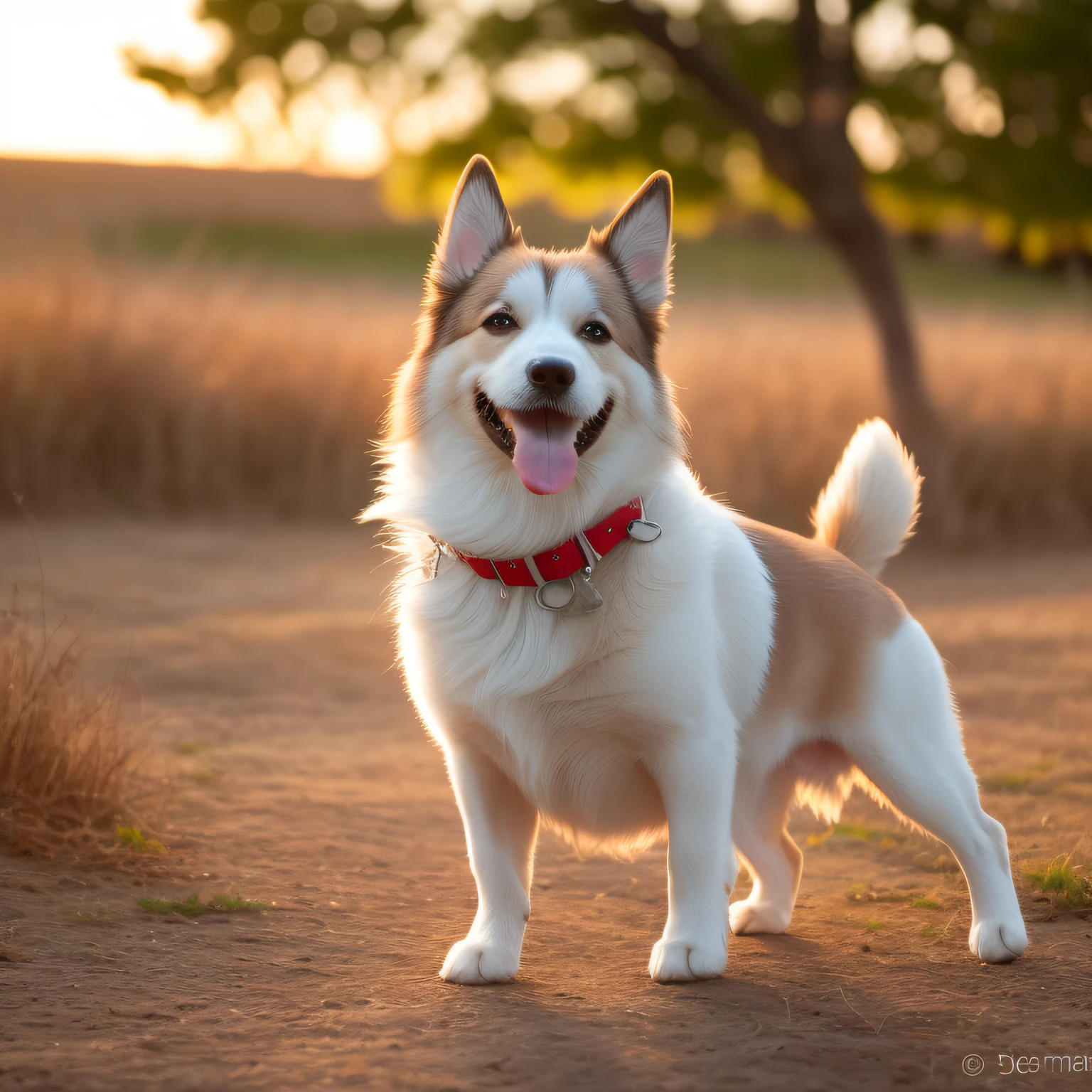 Photo of a happy dog, sun sunset, 80mm, f/1.8, dof, bokeh, profundidade de campo, espalhamento subsuperficial, pontilhamento