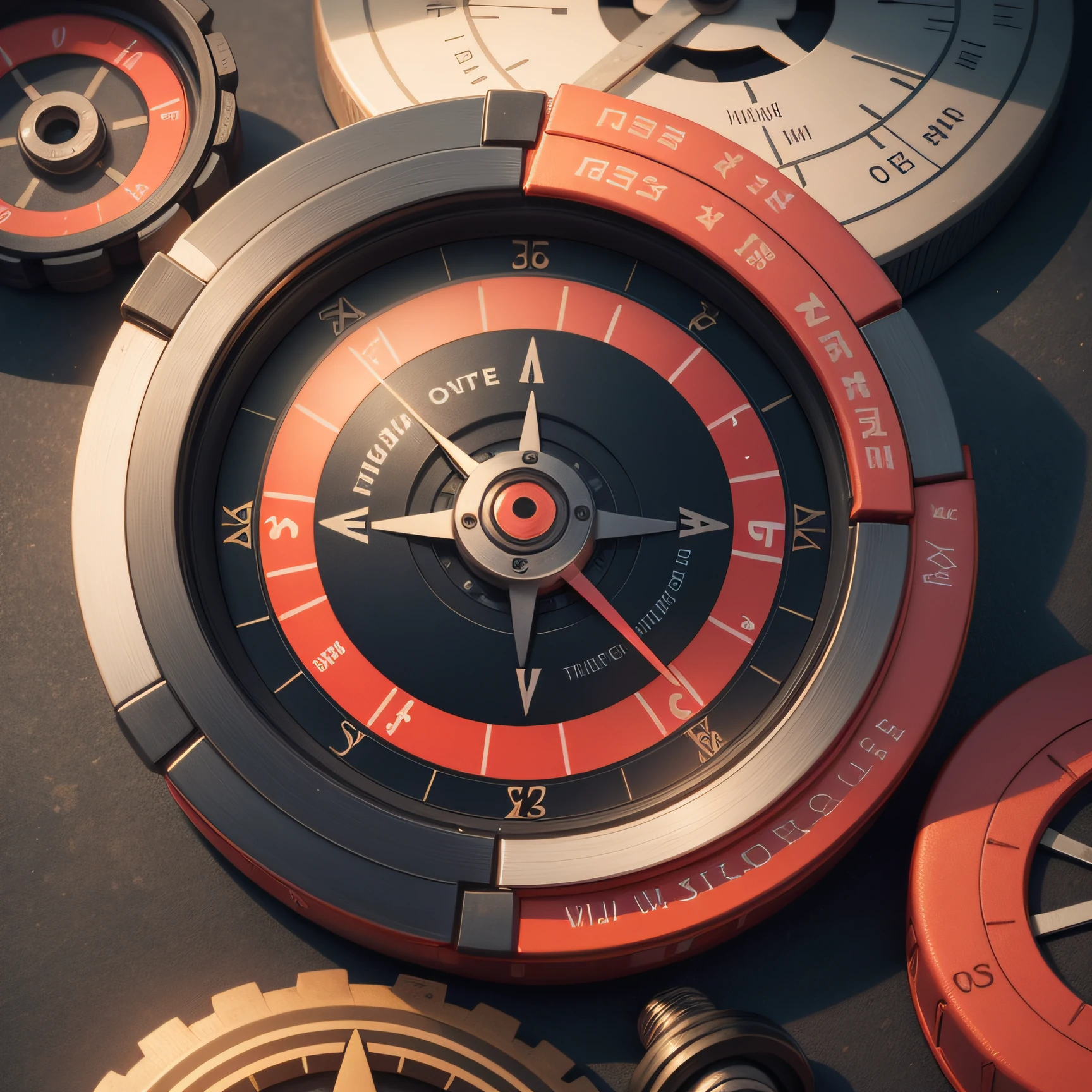 [Sea Card] + [solid, Minimalista] + [ Detalhes claros] + [graphics engine], render engine, Prompt Magic v2, 2024x2024 px, orientation scale, Strength 0.4, a circular rotary card showing the 32 main bearings, forming the indicator of a magnetic compass. 2D , Diving compass, muito luz vermelha