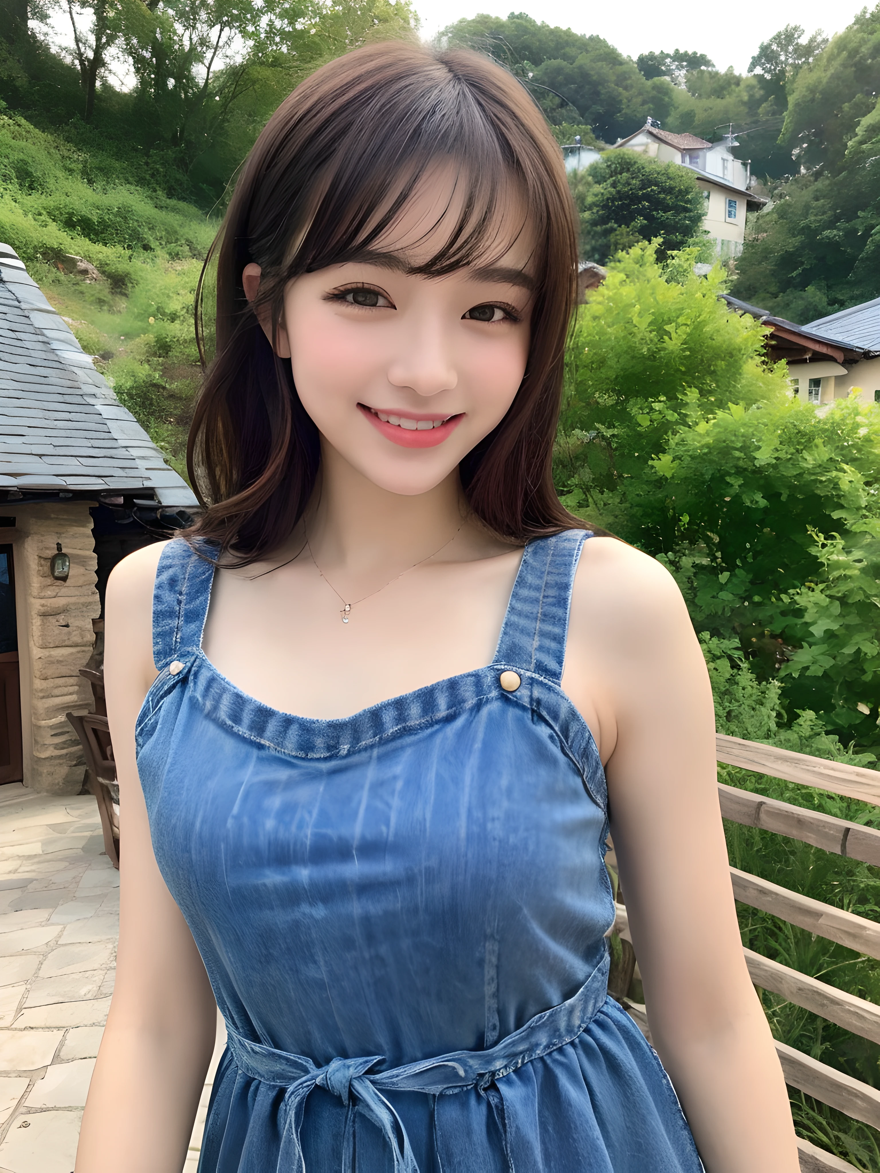 (((Best image quality,8K quality),tmasterpiece)), Drawing style tag: Natural casual hairstyle:1.2, dress detailed:1.1, The body emphasized: 1. Slender female abs:1.3, plumw:1.2, Summary of body details: Refined face:1, 二重まぶた:1, ssmile:1, Picture scene details: Beautiful village, Female life.