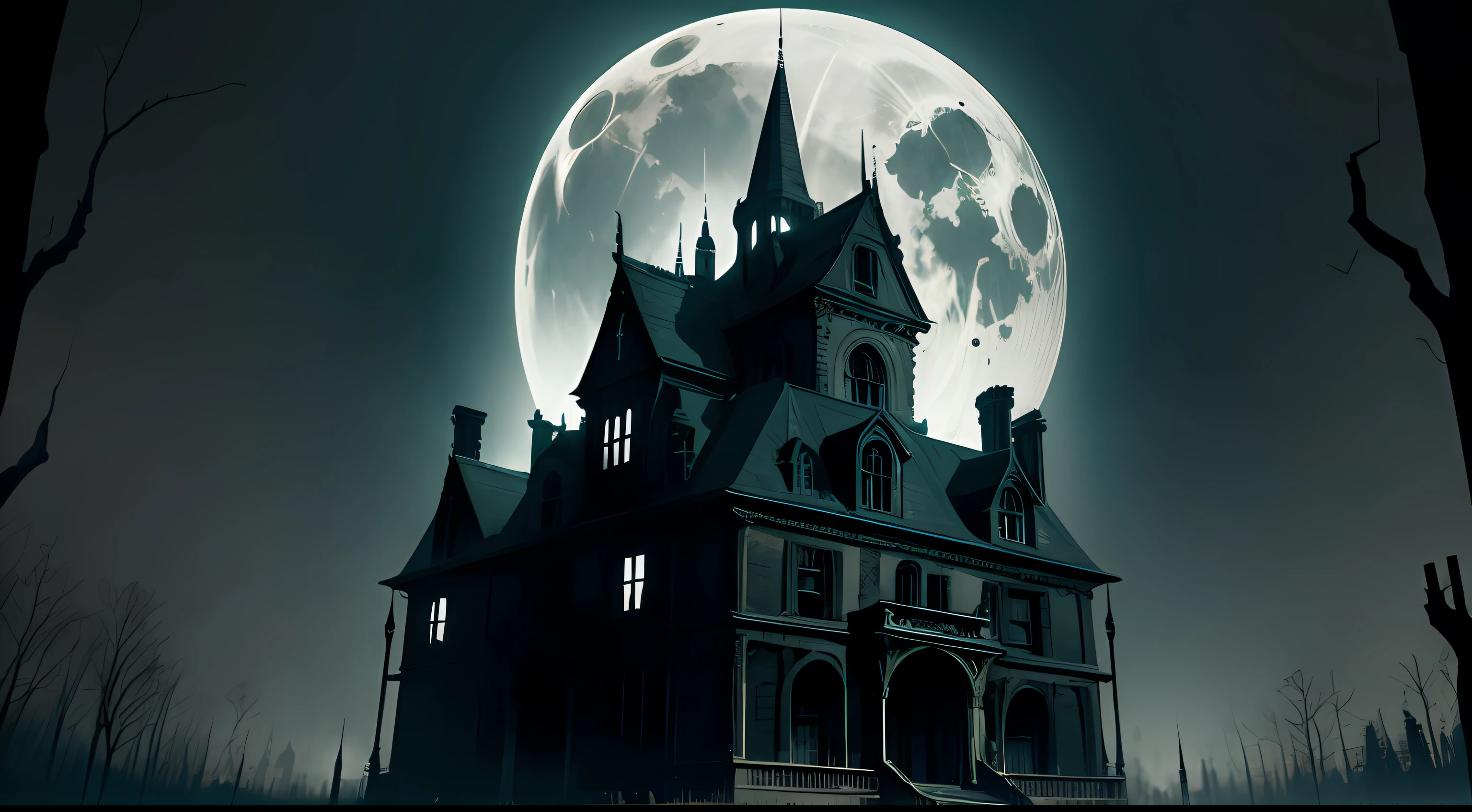 Old abandoned and haunted mansion, in the Gothic style, with a full blood moon in the background, worn by time, in a horror setting, in the style of HP Lovecraft and that is in the dark of night --auto