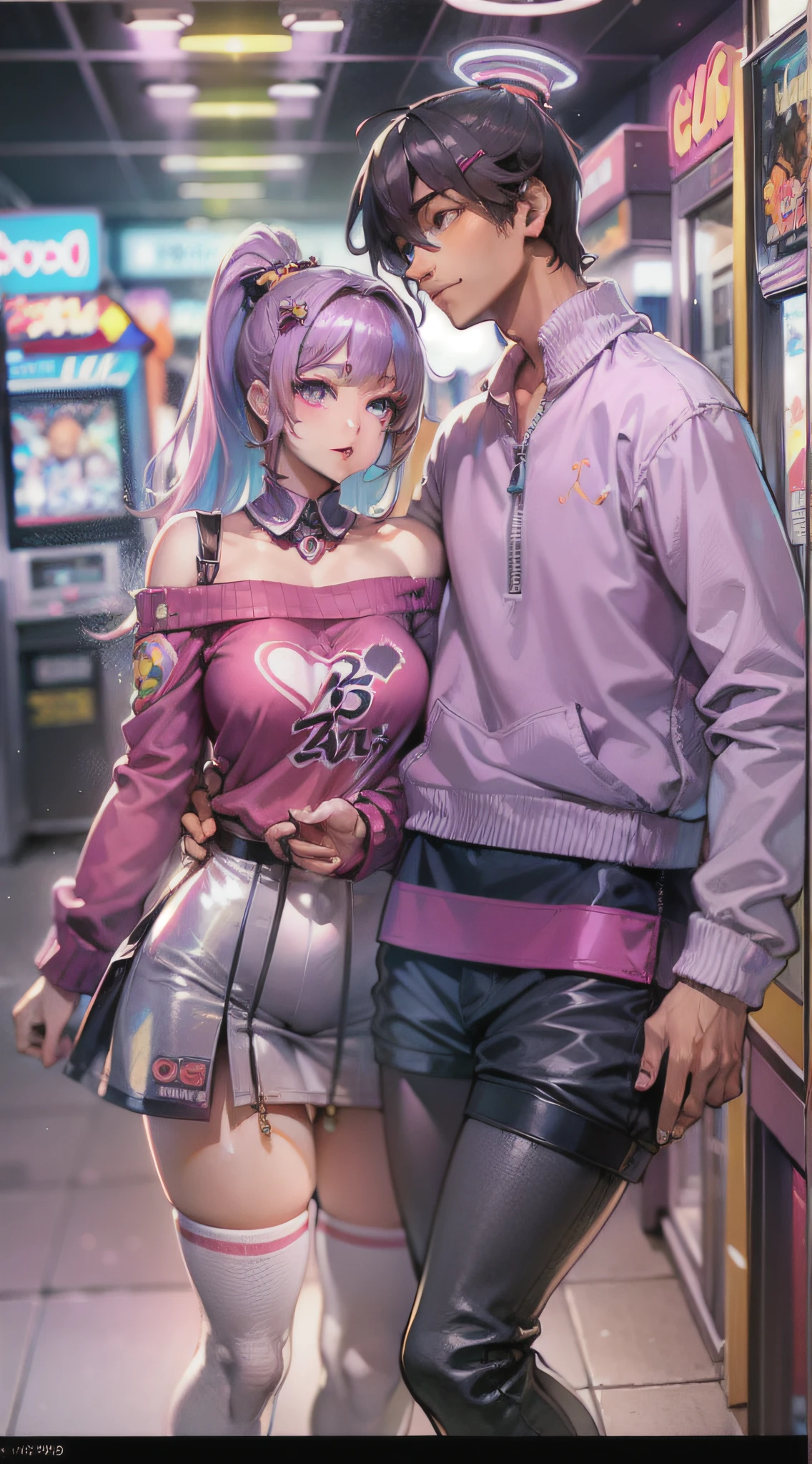 ((Masterpiece)), best quality, absurderes, ultra detailed, holographic, cowboy shot, golden ratio, super cute girl, mature girl, idol girl, super beautiful asian girl with very beautiful violet glowing eyes, beautiful glowing brown multicolored hair, high ponytail, nice and sexy body, slim body, perfect body, wearing a super tight anime printed leotard, an anime printed super tight off shoulder long sleeve crop top, a super aesthetic transparent mini jacket, beautiful hair ornament, pink jordan tennis, playing with her handsome otaku skinny boyfriend, with black messy glowing hair, in the arcade games