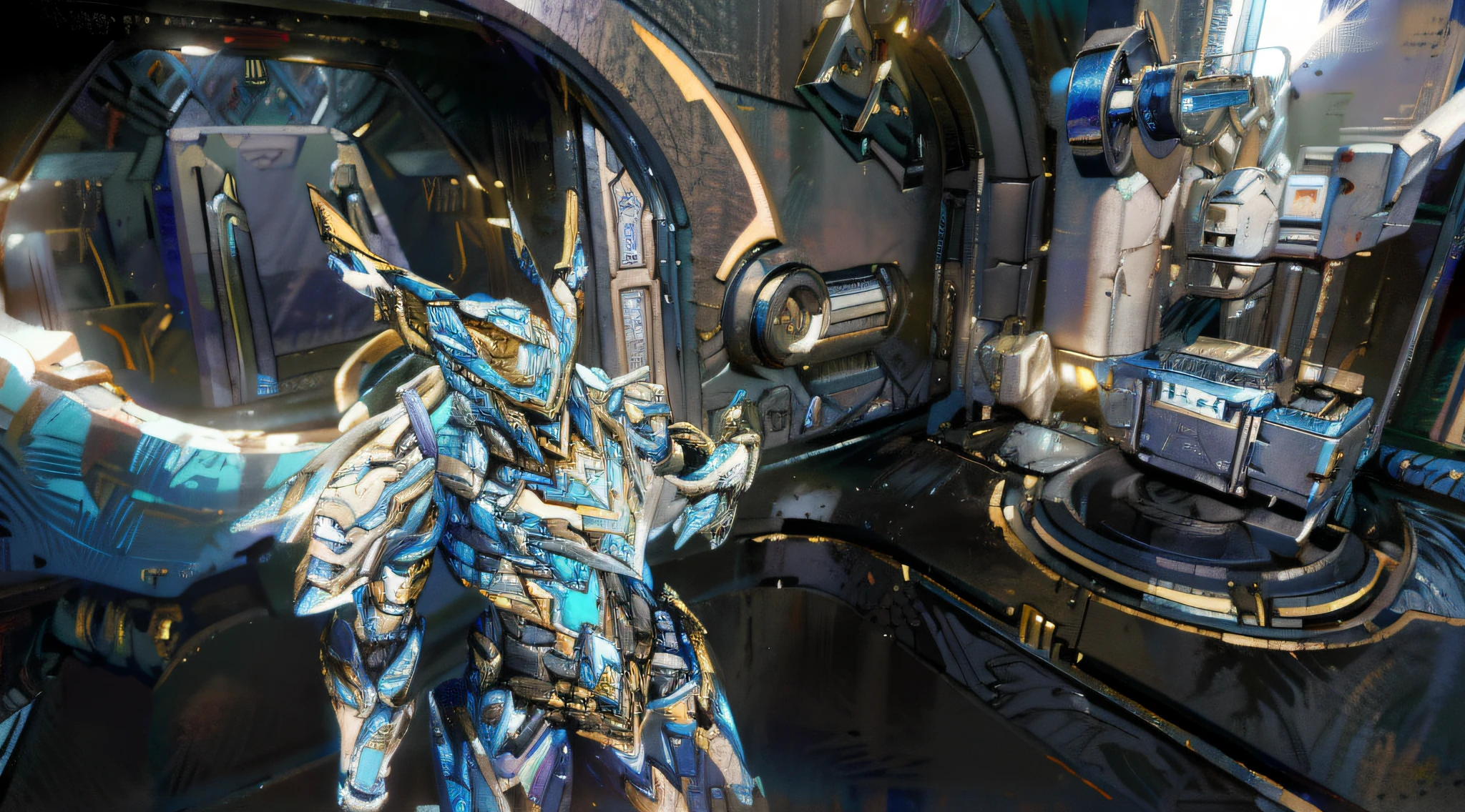 there is a robot that is standing in a room, detailed warframe, sliver ice color reflected armor, warframe armor, warframe hound, battle armor, warframe armor!!, warframe infested art, Protoss!!, Protoss!!!!, covered in full silver armor, warframe concept art, intricate glowing mecha armor, ethereal and mecha theme