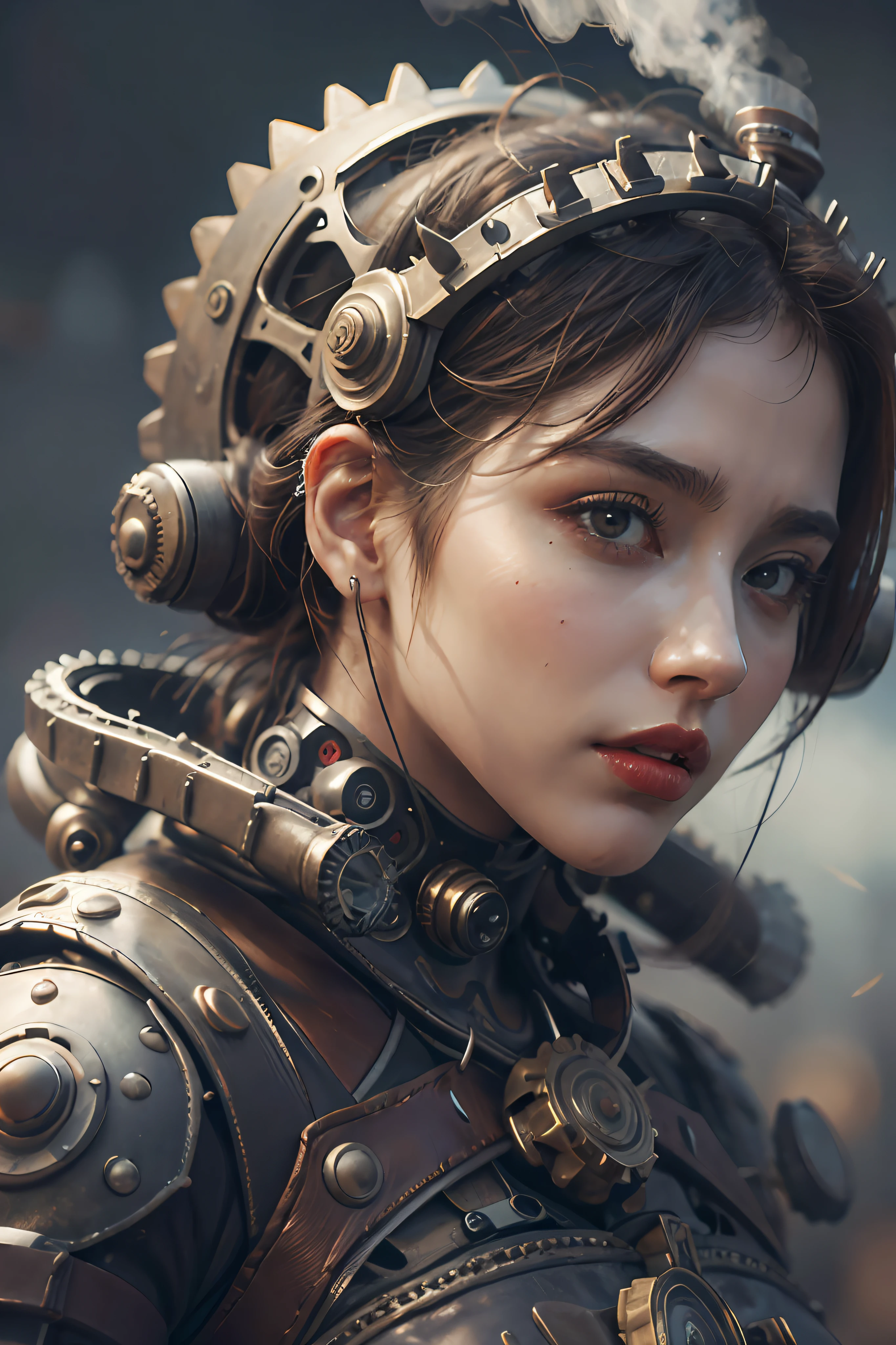 There's a woman with gears attached to her head with steam, Portrait of a mechanical woman, Arte Digital 4K Realista, Arte Digital 4K Realista, Wojtek FUS, Arte digital altamente detalhada em 4k, Cyber Steampunk 8K 3D, arte steampunk digital, Arte digital realista 8k, Arte digital detalhada em 4k, Arte cyberpunk 8K ultrarrealista, arte conceitual ultra realista,