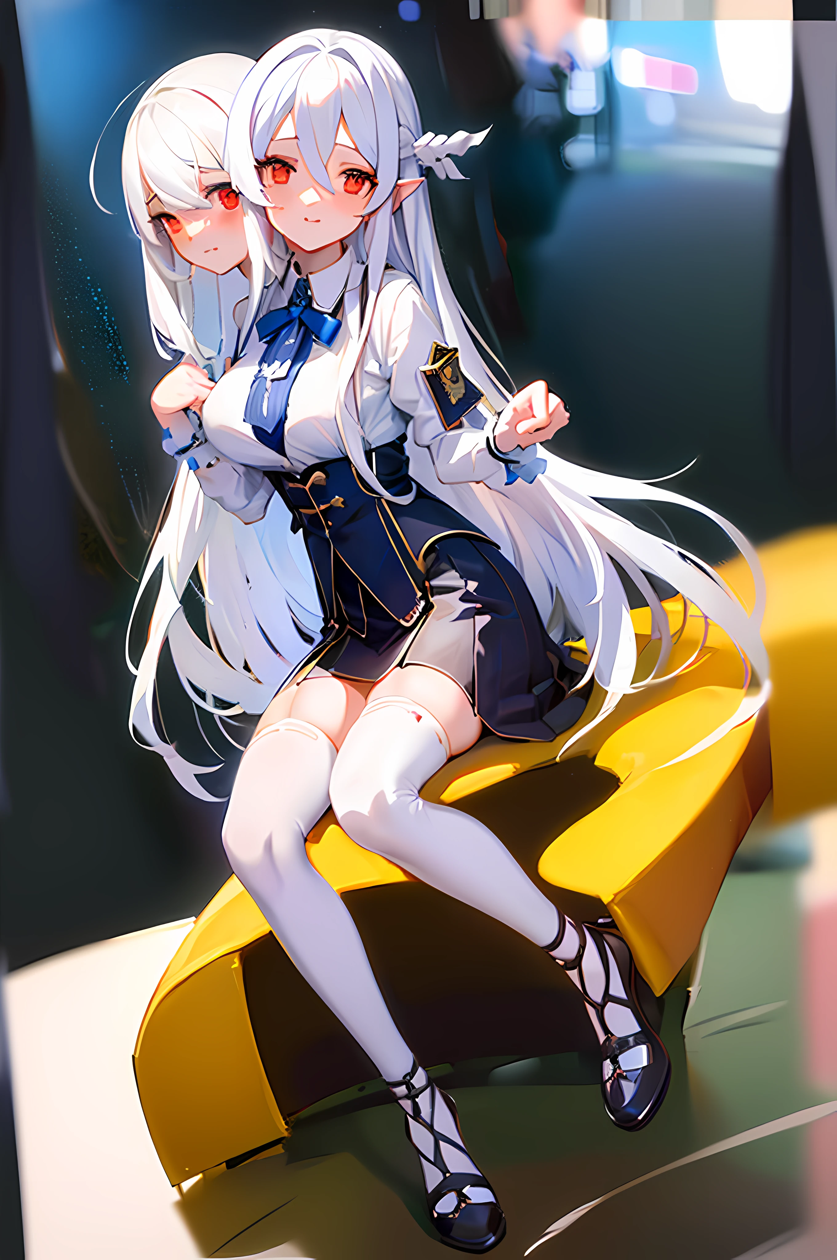 best quality, masterpiece,1girl,office girl, pencil skirt, sitting, long_hair, starry_sky, (((white_hair))), very_long_hair, red_eyes, blushing, (highly detailed 8k wallpaper), best resolution, (2heads:1.5), anime girl with two heads