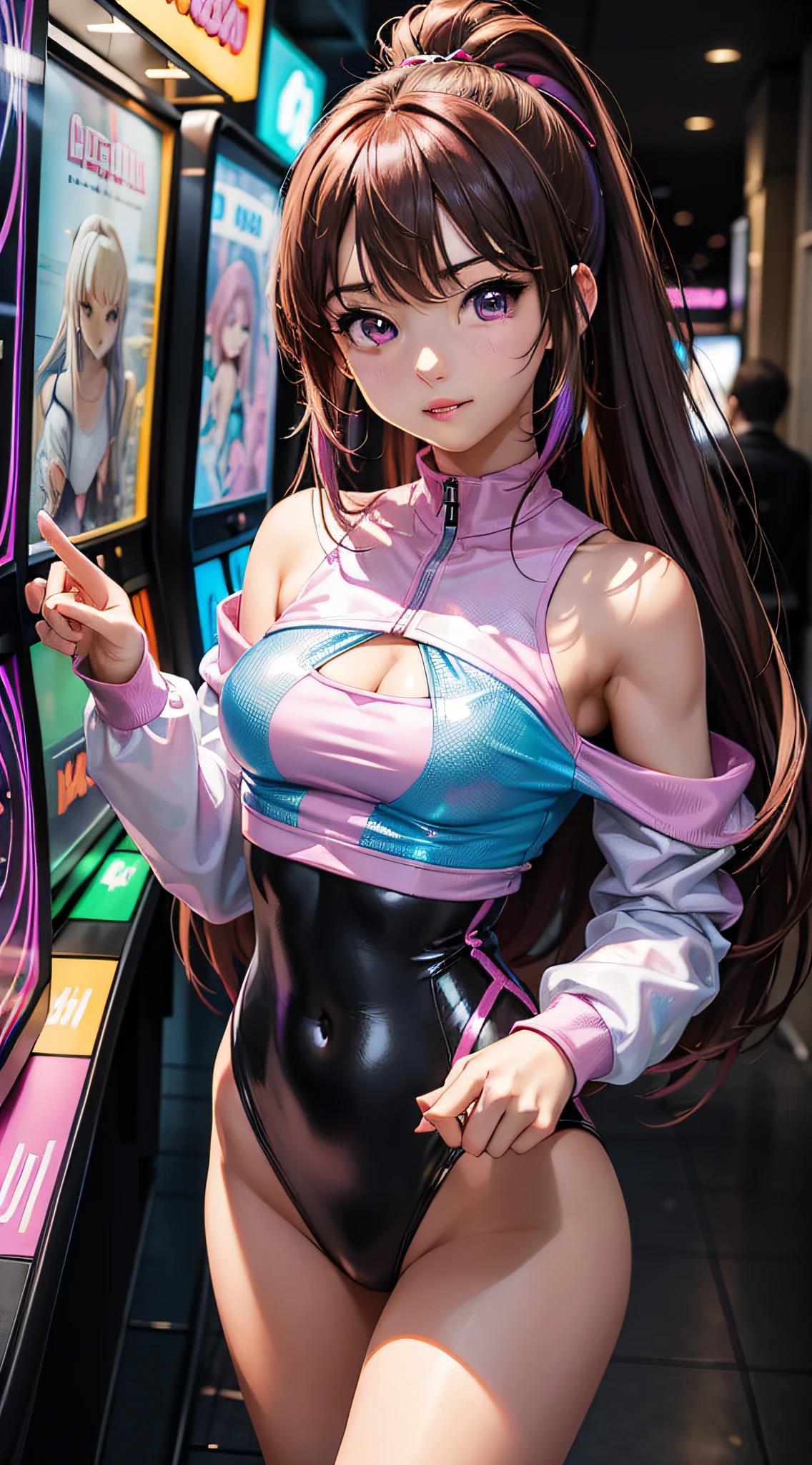 ((Masterpiece)), best quality, absurderes, ultra detailed, holographic, cowboy shot, golden ratio, super cute girl, mature girl, idol girl, super beautiful asian girl with very beautiful violet glowing eyes, beautiful glowing brown multicolored hair, high ponytail, nice and sexy body, slim body, perfect body, wearing a super tight anime printed leotard, an anime printed super tight off shoulder long sleeve crop top, a super aesthetic transparent mini jacket, beautiful hair ornament, pink jordan tennis, playing with her handsome otaku skinny boyfriend, with black messy glowing hair, in the arcade games