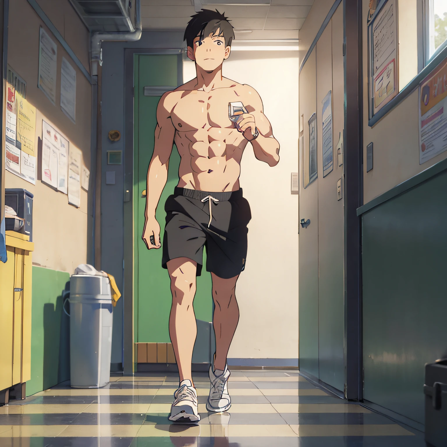 "A boy without a shirt, with six-pack abs, in sports shorts, with sneakers, and with black hair in a school hallway, with an easy bad boy expression") --auto