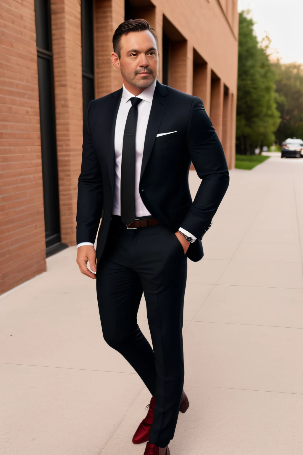 make a man of approximately 43 years old, dark hair, with light brown eyes, dressed in formal suit, pants, tie and black shoes, realistic, the man cannot have a beard