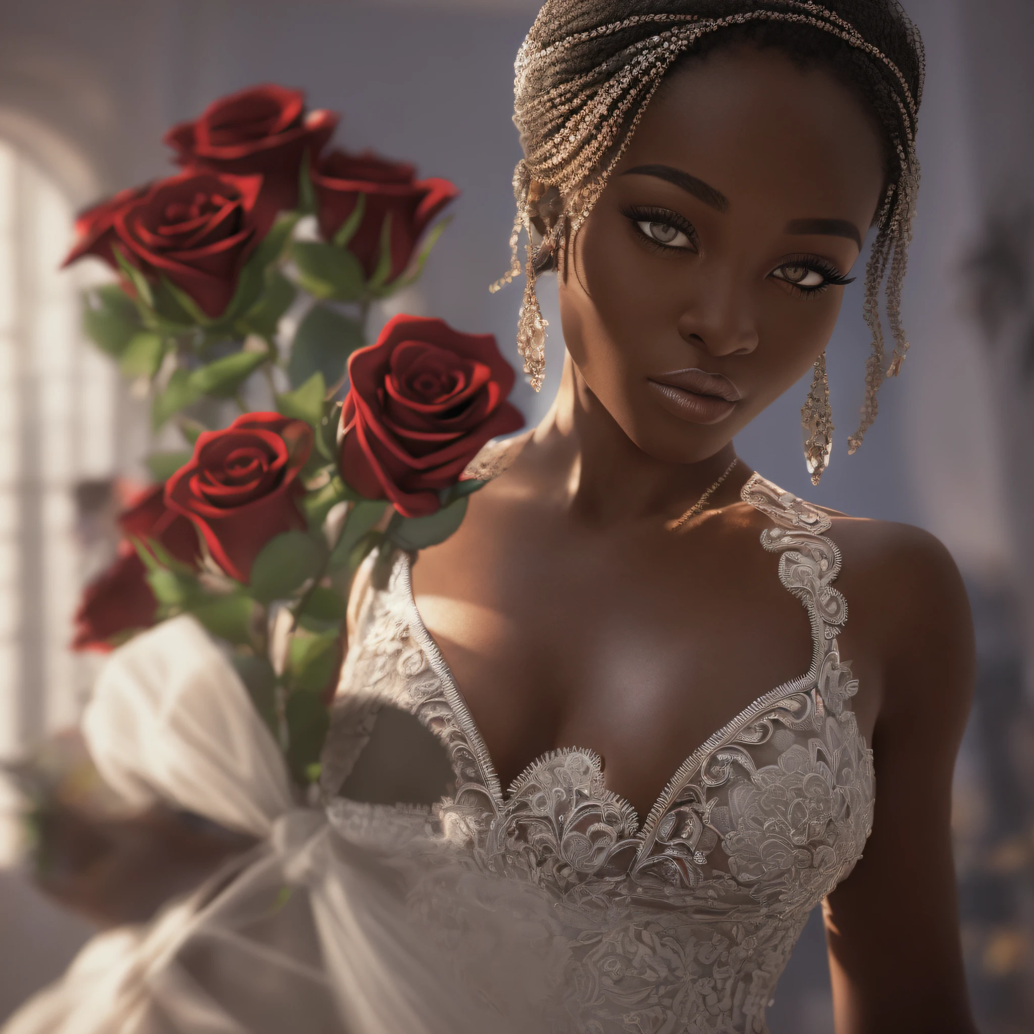 (hyperdetailed) [an African woman] as [bride], sexy, viewer poses, cinematic shot, full body, centered, 100mm lens, perfect angle, award-winning, dynamic, intricate pose, hot girl, [wavy blonde] hair , sultry [bride] hyperdetailed ] dress, seductive, hyperdetailed face, beautiful detailed eyes, [detailed and accurate body proportions], detailed face, expressive, cinematic lighting, volumetric lighting, studio lighting, global illumination, depth of field, blur, light reflection, shadow, contrast, (ultra detailed, finest detail, intricate), ((Masterpiece)), perfect ((face bent over viewer)), (blend fantastic color palette, [storytelling] atmosphere, [dormitory] bouquet of red roses, play of light and shadow.