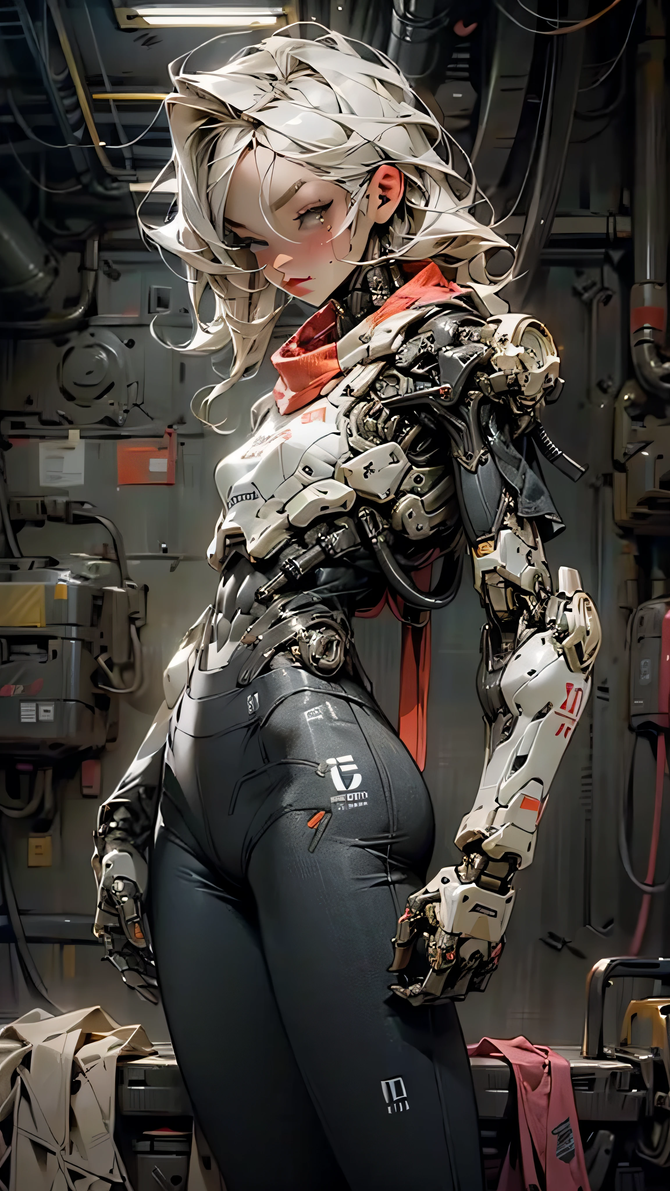 Beautiful cybernetic girl looking at camera underwear detailed muscles realistic masterpiece
