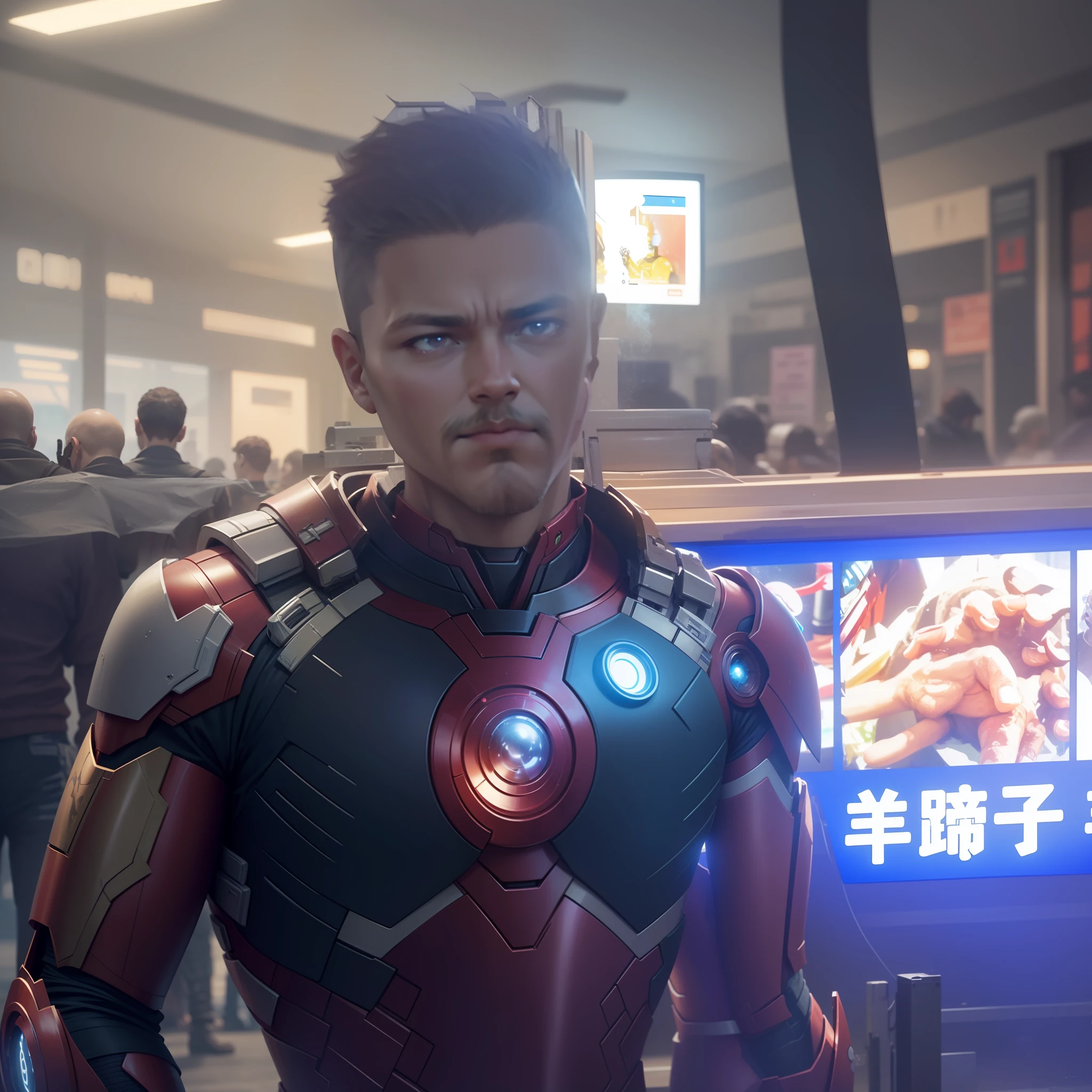 The body parts are replaced with Iron Man armor,The background is replaced with a futuristic tech background in cyberpunk