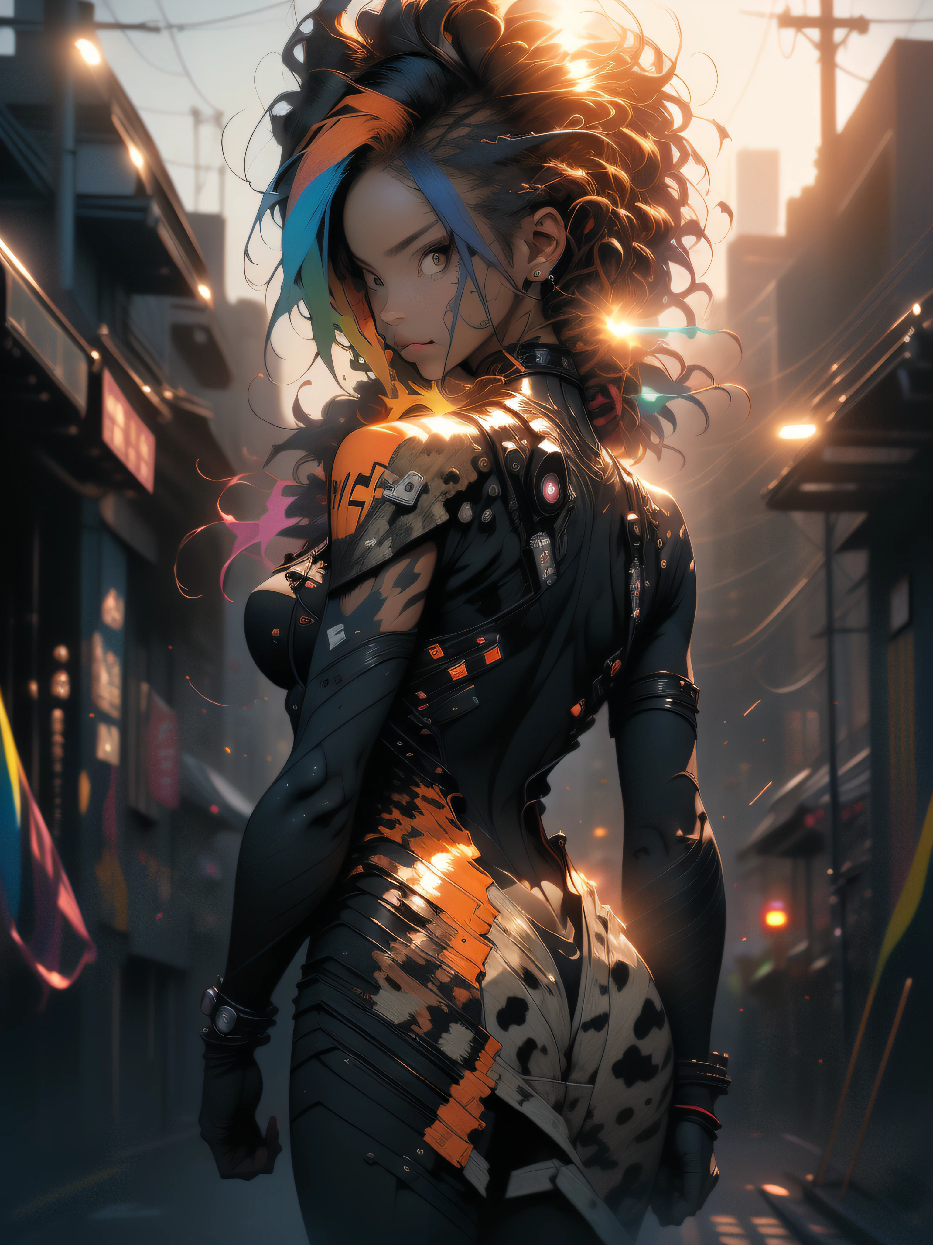 ((Best quality)), ((masterpiece)), (detailed: 1.4), (Absurd), Zulu warrior, leopard, (((back))), ((perfect ass)), African bracelets and necklaces, black skin, cybernetic hands, Leopard skin camouflage clothing, color explosion, cosmic tattoo, nebulous, defined muscular sculptural body, whole body, half-thick bare thighs, closed mouth, body covered by technological clothing, Neon Genesis Evangelion style, cyberpunk, generous neckline, ((perfect medium breasts)), (super light brown eyes), ((clothing with leopard skin camouflage)), (((black and orange hair with Rastafari locks)), long and black eyelashes heavy makeup, various African jewelry, bare legs, by mucha, niji --V5, close to real, psychopath, crazy face, sexy pose, fractal background, 2 piece clothing, pastel, centered, scale to fit the dimensions, HDR (High Dynamic Range),Ray Tracing,NVIDIA RTX,Super-Resolution,Unreal 5,Subsurface Dispersion, PBR Texture, Post-processing, Anisotropic filtering, Depth of field, Maximum clarity and sharpness, Multilayer textures, Albedo and specular maps, Surface shading, Accurate simulation of light-material interaction, Perfect proportions, Octane Render, Two-tone lighting, Wide aperture, Low ISO, White balance, Rule of thirds, 8K RAW, crysisnanosuit