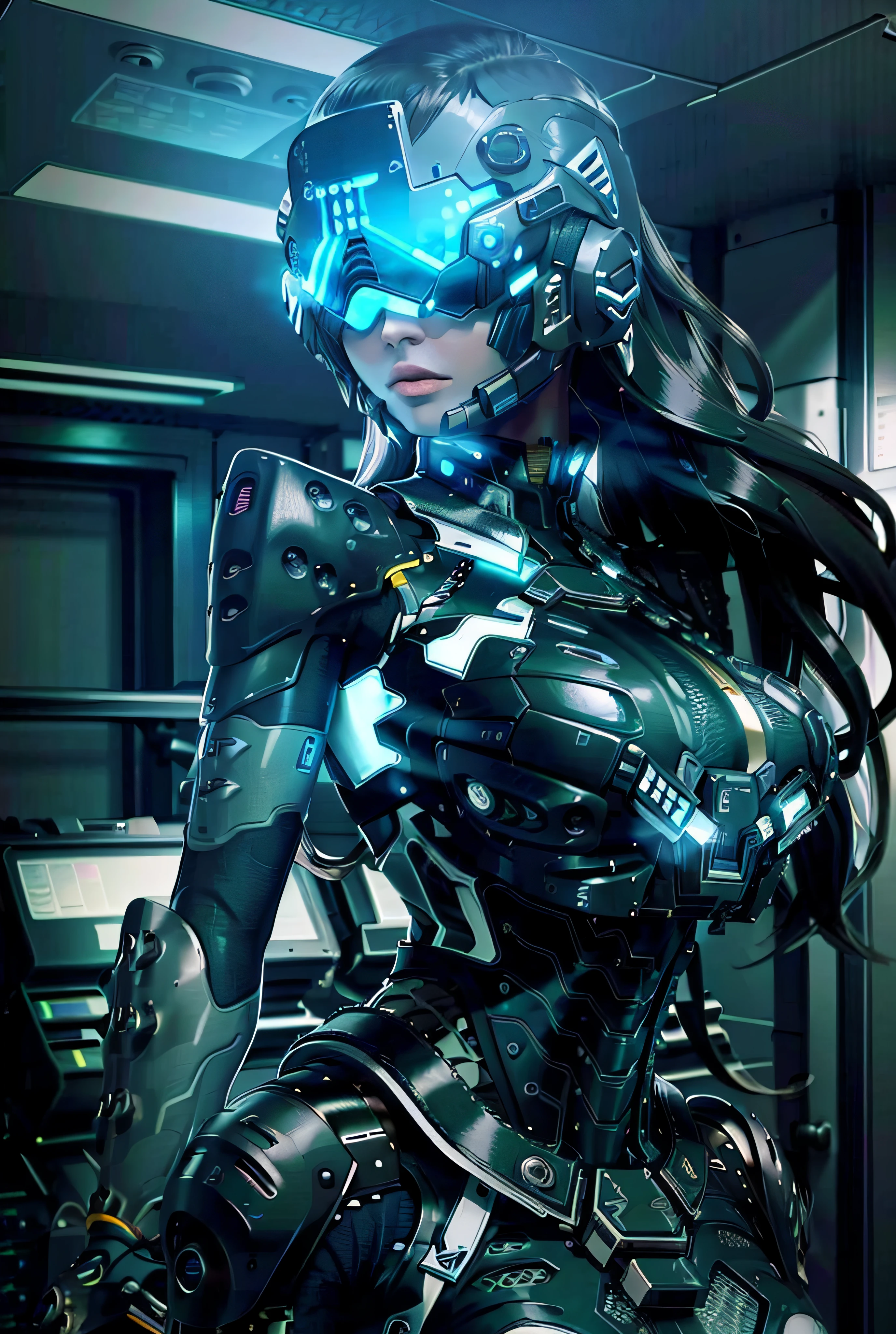 ((Best quality)), ((masterpiece)), (highly detailed:1.3), 3D,rfktr_technotrex, beautiful cyberpunk woman with voluminous hair, hacking a computer terminal (wearing head-mounted display that is chunky and hi-tech:1.2),computer servers, LCD screens, fibre optic cables, corporate logos,HDR (High Dynamic Range),Ray Tracing,NVIDIA RTX,Super-Resolution,Unreal 5,Subsurface scattering,PBR Texturing,Post-processing,Anisotropic Filtering,Depth-of-field,Maximum clarity and sharpness,Multi-layered textures,Albedo and Specular maps,Surface shading,Accurate simulation of light-material interaction,Perfect proportions,Octane Render,Two-tone lighting,Low ISO,White balance,Rule of thirds,Wide aperature,8K RAW,Efficient Sub-Pixel,sub-pixel convolution,luminescent particles,light scattering,Tyndall effect