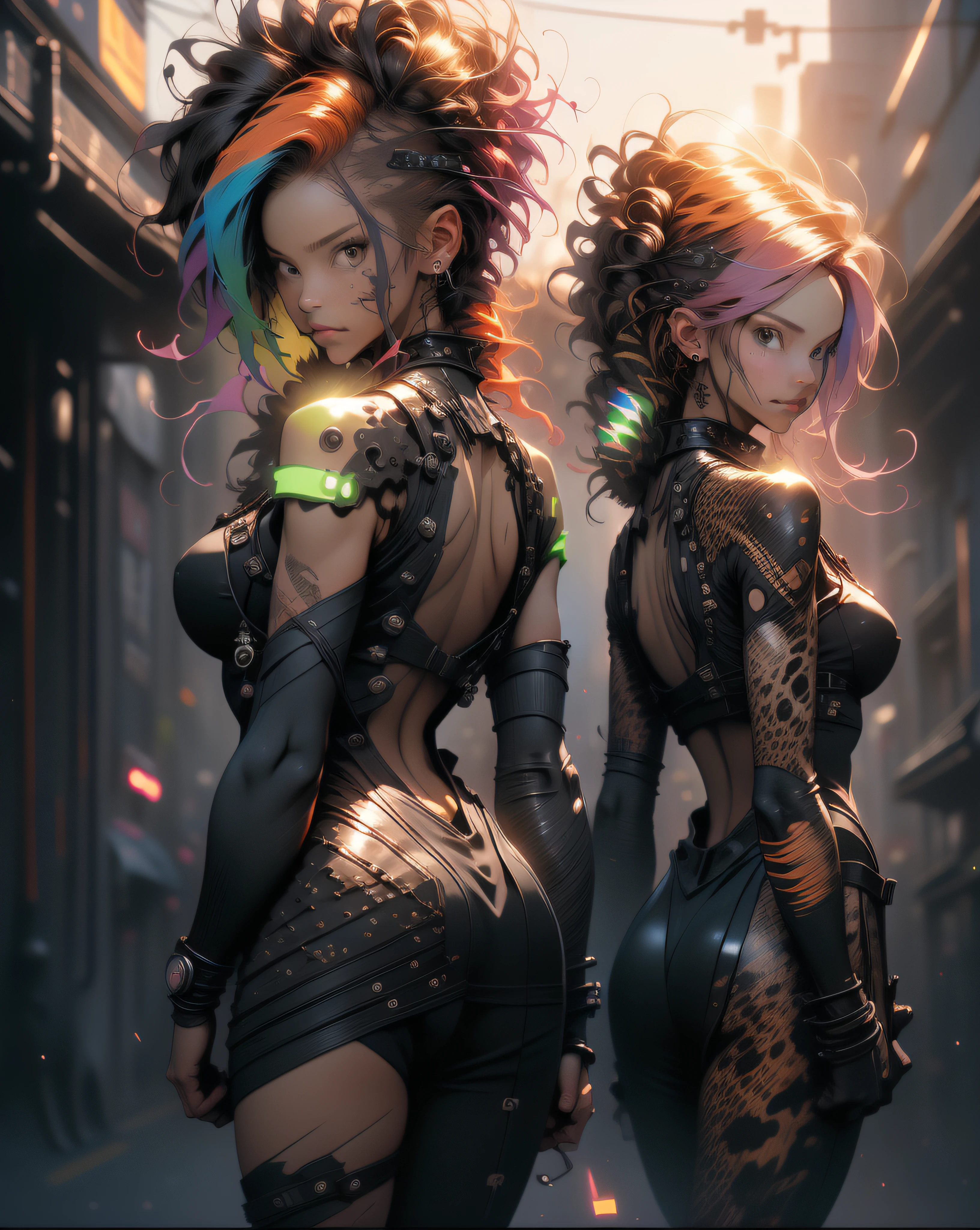 ((Best quality)), ((masterpiece)), (detailed: 1.4), (Absurd), Zulu warrior, leopard, (((back))), ((perfect ass)), African bracelets and necklaces, black skin, cybernetic hands, Leopard skin camouflage clothing, color explosion, cosmic tattoo, nebulous, defined muscular sculptural body, whole body, half-thick bare thighs, closed mouth, body covered by technological clothing, Neon Genesis Evangelion style, cyberpunk, generous neckline,  ((perfect medium breasts)), (super light brown eyes), ((clothing with leopard skin camouflage)), (((black and orange hair with Rastafari locks)), long and black eyelashes heavy makeup, various African jewelry, bare legs, by mucha, niji --V5, close to real, psychopath, crazy face, sexy pose, fractal background, 2 piece clothing, pastel, centered, scale to fit the dimensions,  HDR (High Dynamic Range),Ray Tracing,NVIDIA RTX,Super-Resolution,Unreal 5,Subsurface Dispersion, PBR Texture, Post-processing, Anisotropic filtering, Depth of field, Maximum clarity and sharpness, Multilayer textures, Albedo and specular maps, Surface shading, Accurate simulation of light-material interaction, Perfect proportions, Octane Render, Two-tone lighting, Wide aperture, Low ISO, White balance, Rule of thirds,  8K RAW, crysisnanosuit