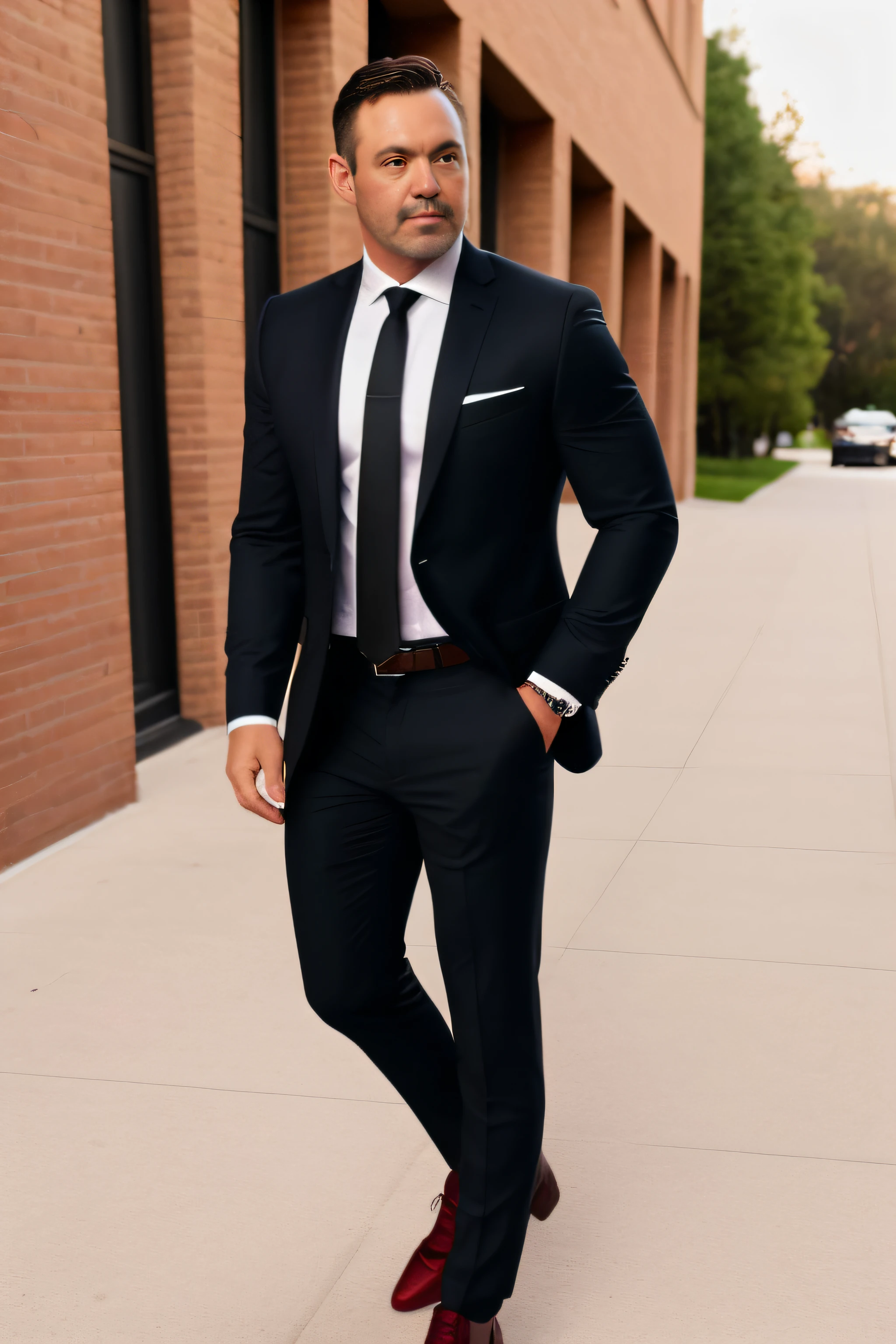 make a man of approximately 43 years old, dark hair, with light brown eyes, dressed in formal suit, pants, tie and black shoes, realistic, the man cannot have a beard
