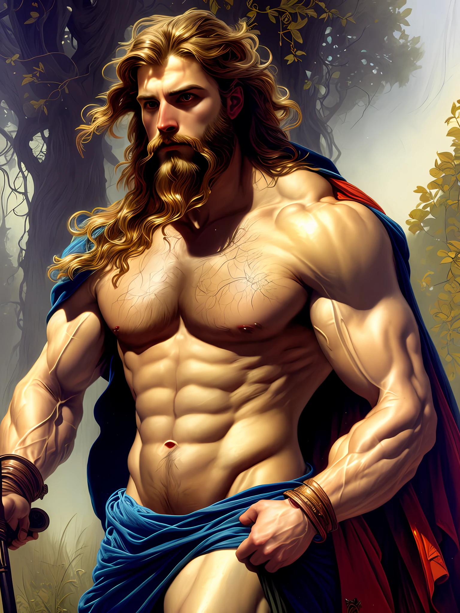 painted portrait of stout zeus, god of thunder, greek god, blond hair, male, mature, handsome, upper body, muscular, hairy torso, fantasy, intricate, elegant, highly detailed, digital painting, art station, concept art, soft, sharp focus, illustration, art by Gaston Bussiere and Alphonse Mucha
