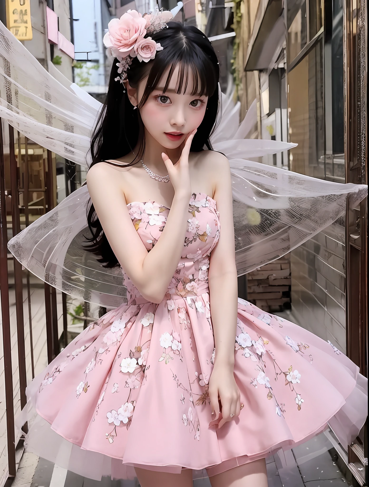 **a beautiful girl in pink dress screenshot, in the style of fairy kei, floral accents, vignettes of paris, fairy academia, white, festive atmosphere, mori kei --ar 146:193 --v 5.2** - Variations (Strong)