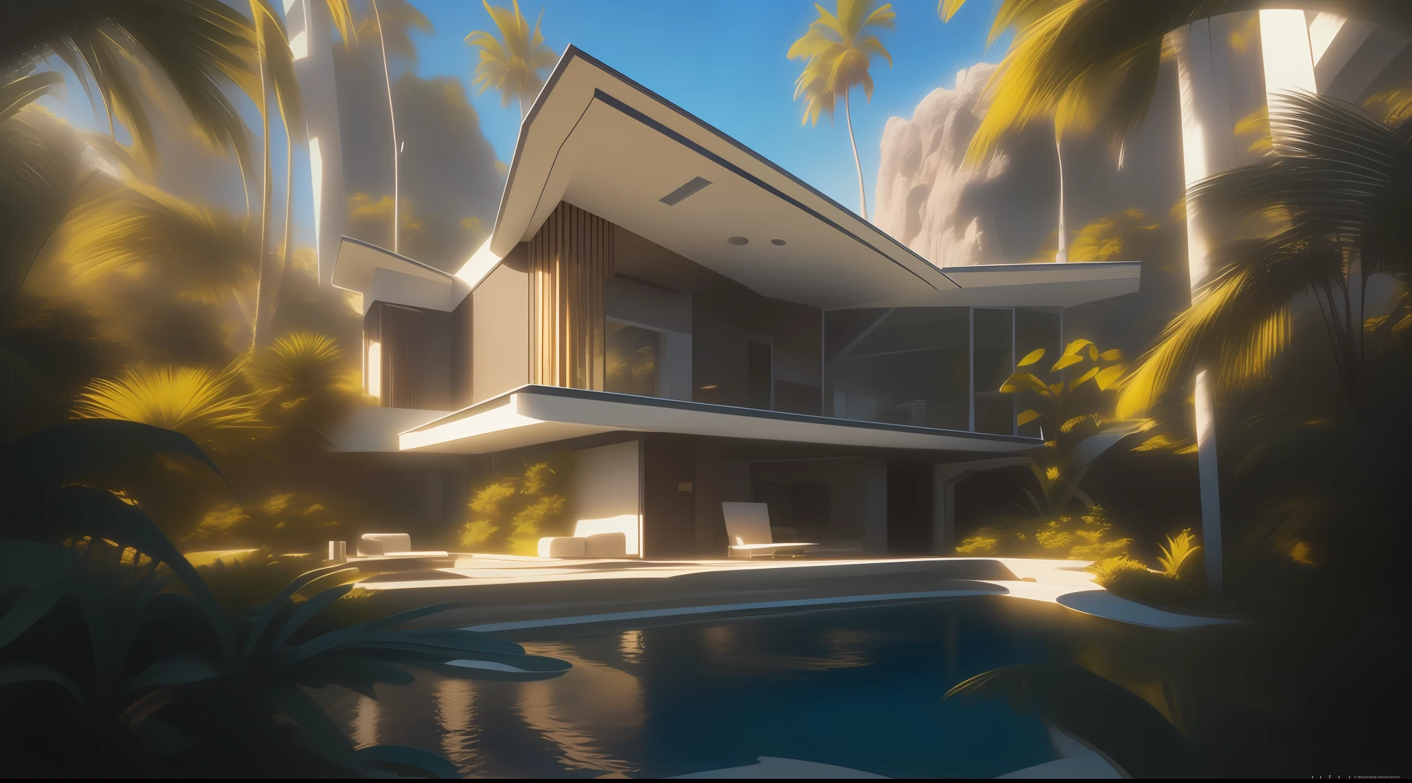 arafed view of a house with a pool and palm trees, futuristic house, concept house, smooth digital concept art, dramatic lighting. concept art, sleek utopian design, concept art style, concept art digital illustration, concept art. 8 k, relaxing concept art, digital painting concept art, realistic architecture, concept art 8 k, by Aleksander Gine,masterpiece, best quality, (extremely detailed CG unity 8k wallpaper), (best quality), (best illustration), (best shadow), absurdres, realistic lighting, (Abyss), beautiful detailed glow