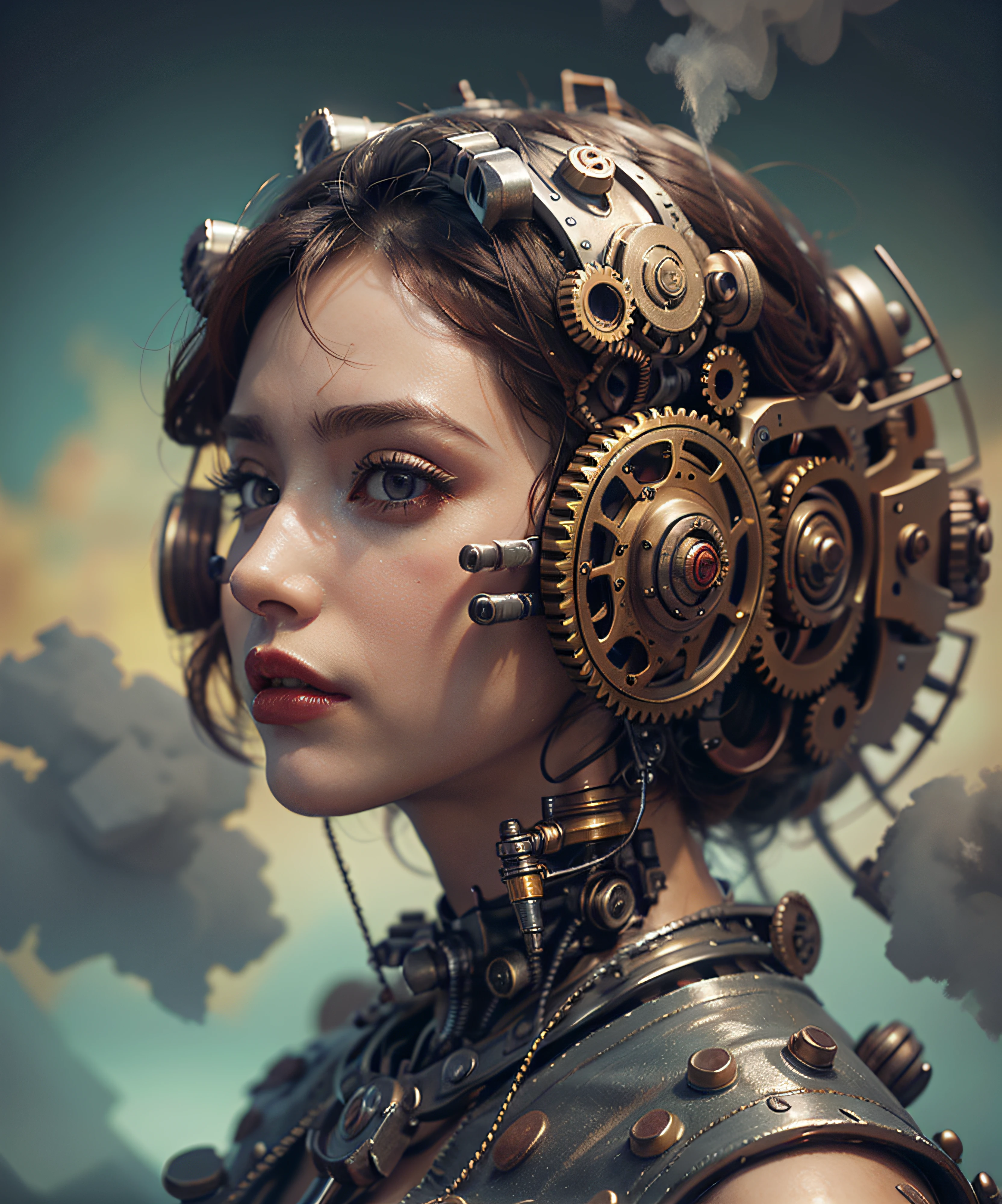 There's a woman with gears attached to her head with steam, Portrait of a mechanical woman, Arte digital 4K realista, Arte digital 4K realista, Wojtek FUS, Arte digital altamente detalhada em 4k, Cyber Steampunk 8K 3D, arte steampunk digital, Arte digital realista 8k, Arte digital detalhada em 4k, Arte cyberpunk 8K ultrarrealista, arte conceitual ultra realista,