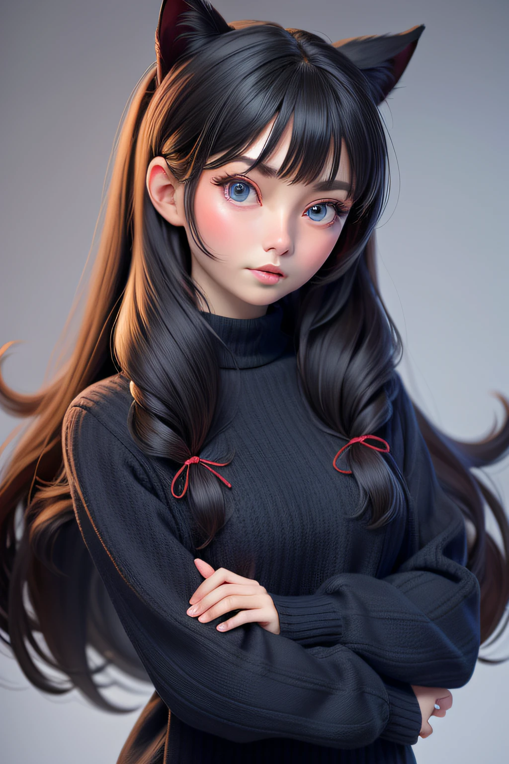 1girl, tohsaka-rin, 独奏, long whitr hair, Sweaters, red sweater,Black sweater,gray sweaters, looking at viewert, blue backdrop, brunette color hair, simple backgound, two sides up, high-necksweater, eBlue eyes, cparted lips, Keep one's mouth shut, ribbons, tress ribbon, By bangs, high-necksweater, The upper part of the body, Separate bangs, Black ribbon, ribbed sweater, double tails, nase,