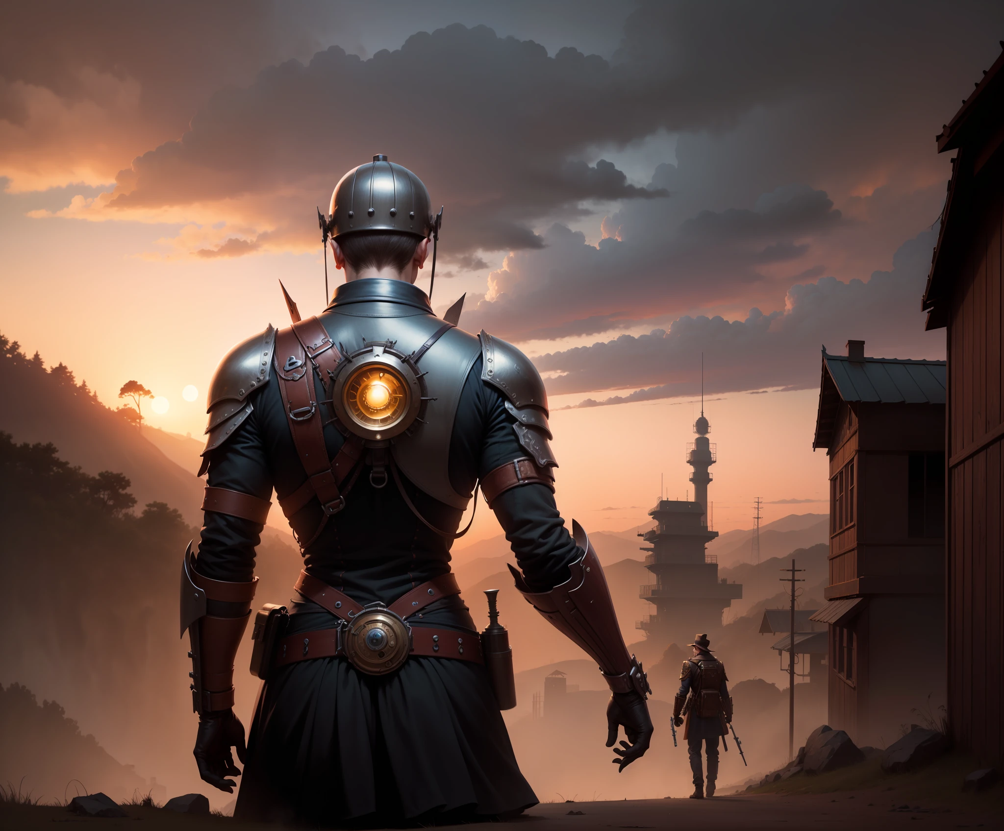 Paisagem steampunk,slightly red sky,Personagens segurando armas