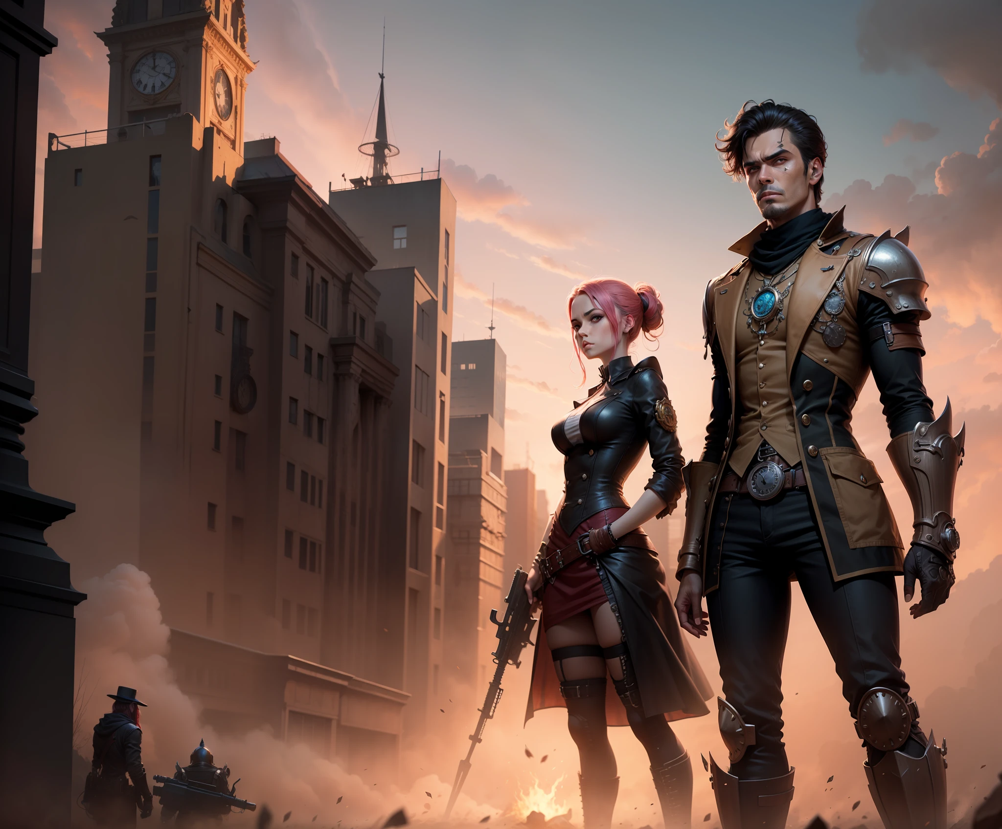 Paisagem steampunk,slightly red sky,Personagens segurando armas