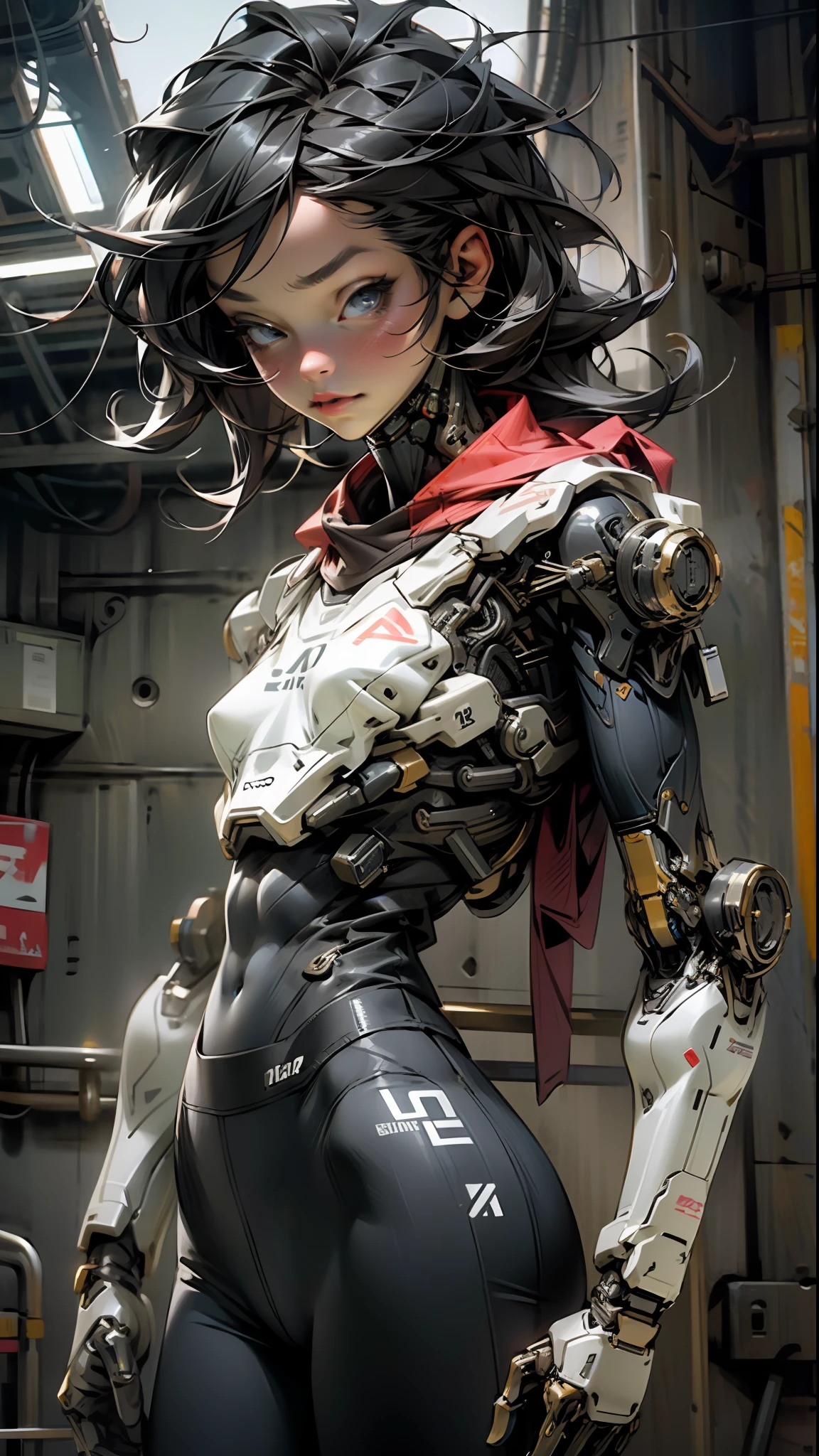 Beautiful cybernetic girl looking at camera underwear detailed muscles realistic masterpiece