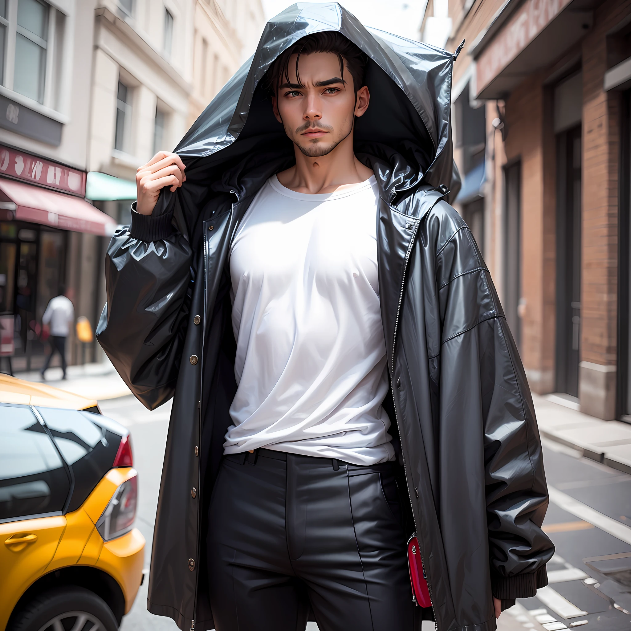 A man in a white shirt and black trousers with a raincoat over it --auto