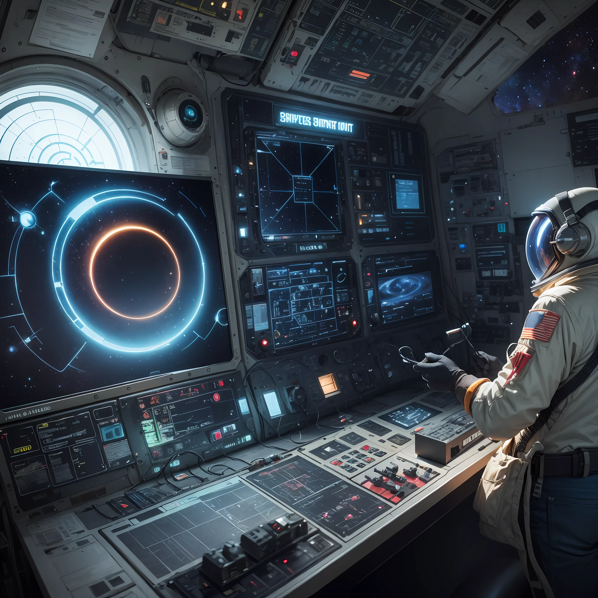 a space pilot observing the old control panel of his spacecraft, realistic image, HD, size 1920 x 1080 px, 4k --auto --s2