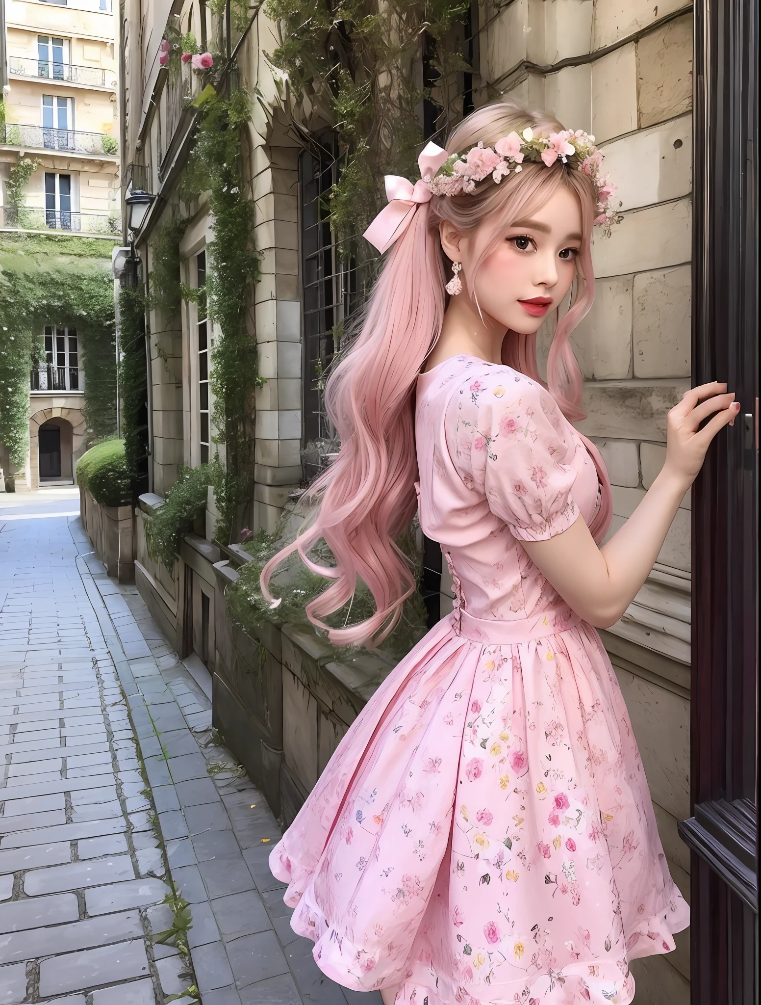 Pink-themed works,Beautiful girl in screenshot of pink dress, In the style of Fairy Kay, Floral accents, vignettes of paris, Fairey Academia, white, Festive atmosphere, Kaymills - AR146:193 - V5.2 - Variations (Strong)