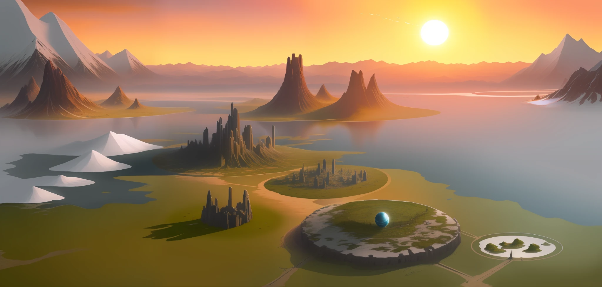 off-world,fantasy,game scenes,Vast plains,ln the forest,borgar,Urban lakes,snow mountains,the setting sun