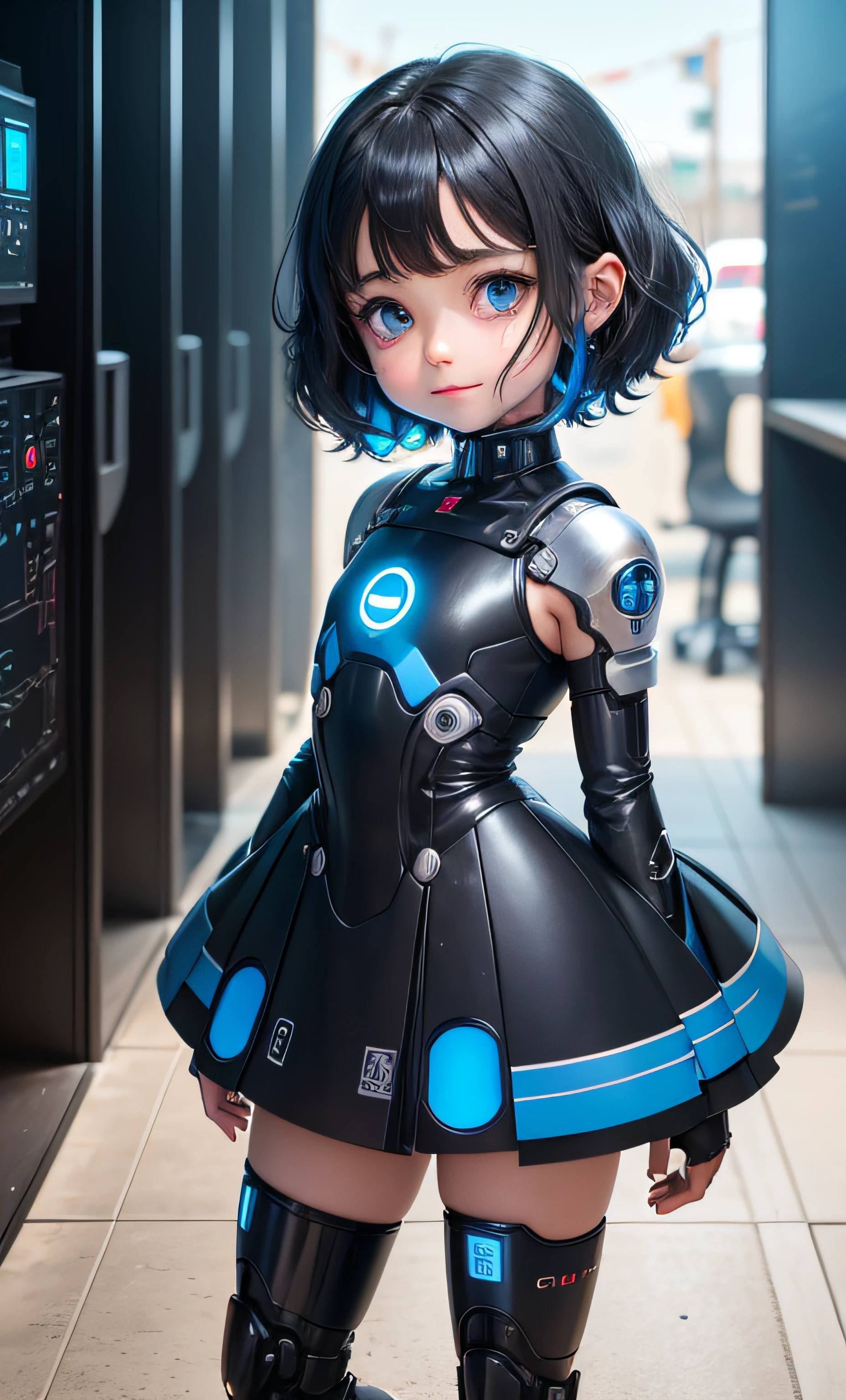 ultra realista menina idade 8 anos, 's bodies
black hair cybernetic blue eyes , smile shy , Cyborg Mecha Cannon Arms , luz no meio do peito, asas de energia azul semi-nua , mini-saia seifuku , mamilos , Cyborg body damaged visible circuits , making a sign of peace with your hands, tubos nos seios, cabos e fios conectadados ao peito , corpo infantil , neon faixas azuis , sexy , fios coloridos conectadados ao peito , Connected to machines .