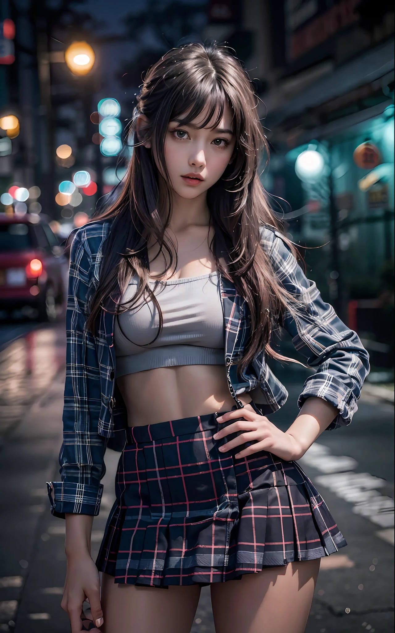 Best quality, masterpiece, ultra high res, (photorealistic:1.4), raw photo, (perfect body shape), (slim:1.2), dynamic pose, 1girl, (full figure:0.9), solo, big breasts, sagging breasts, school uniform, plaid mini skirt, in the dark, night, on the street, deep shadow, low key, cold light 12000K