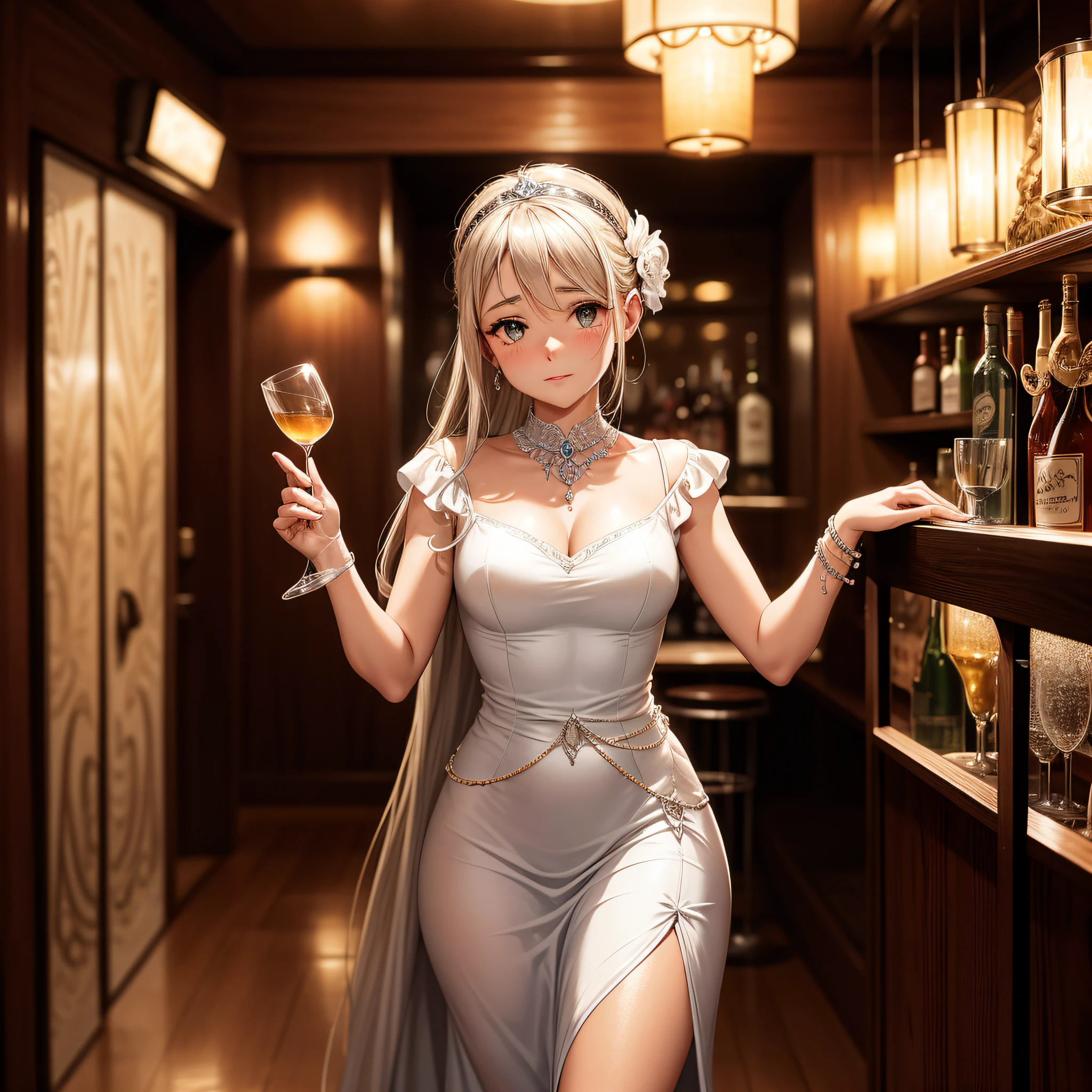 Uma imagem de uma sedutora sereia dos anos 1940, elegantemente vestida com um vestido justo, sentada no bar de um vintage speakeasy. A cena se passa em preto e branco, capturing the timeless allure of the time with its dimly lit ambience and jazz playing in the background.