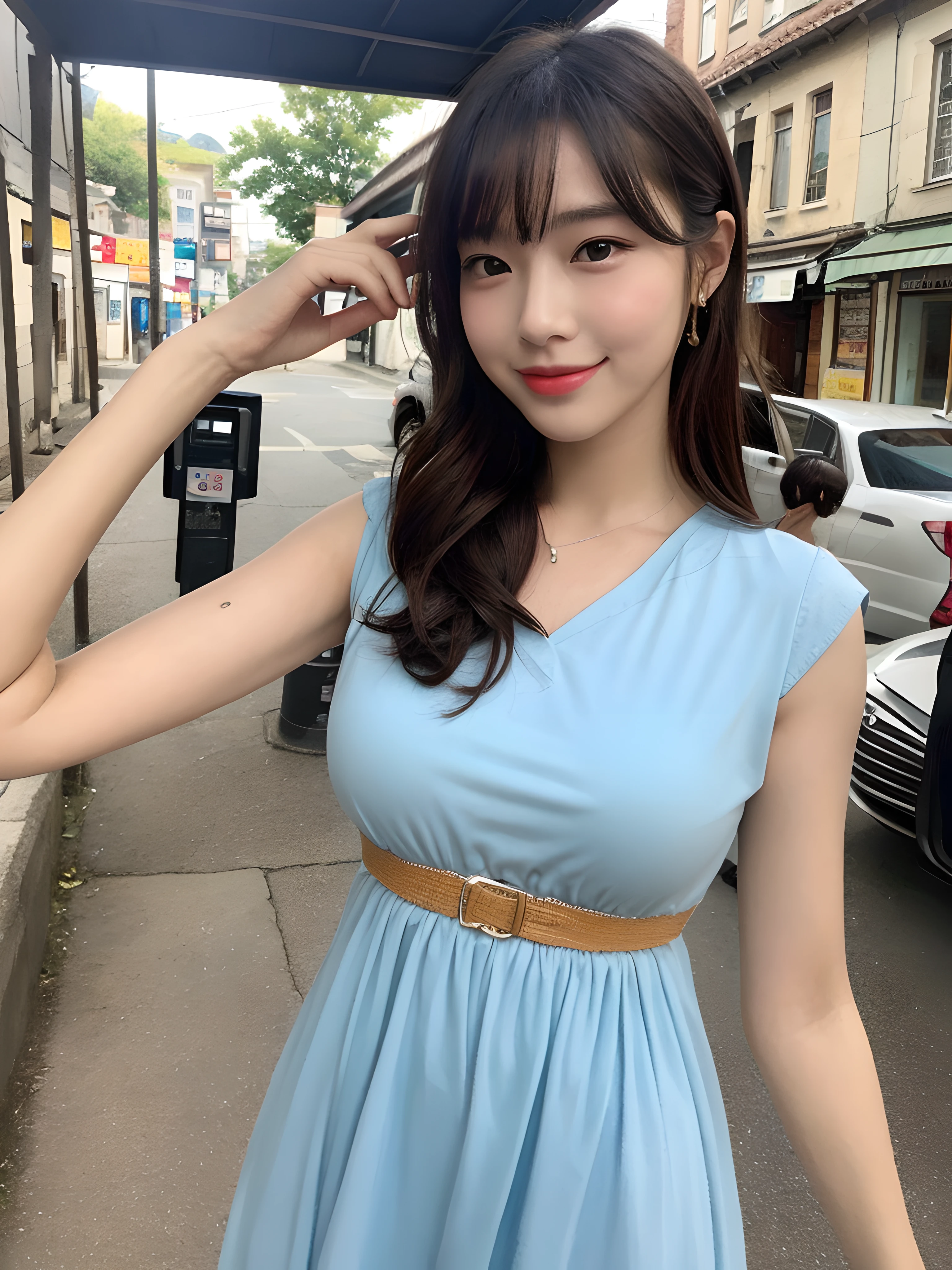 (((Best image quality,8K quality),tmasterpiece)), Drawing style tag: Natural casual hairstyle:1.2, dress detailed:1.1, The body emphasized: 1. Slender female abs:1.3, plumw:1.2, Summary of body details: Refined face:1, 二重まぶた:1, ssmile:1, Picture scene details: Beautiful village, Female life.