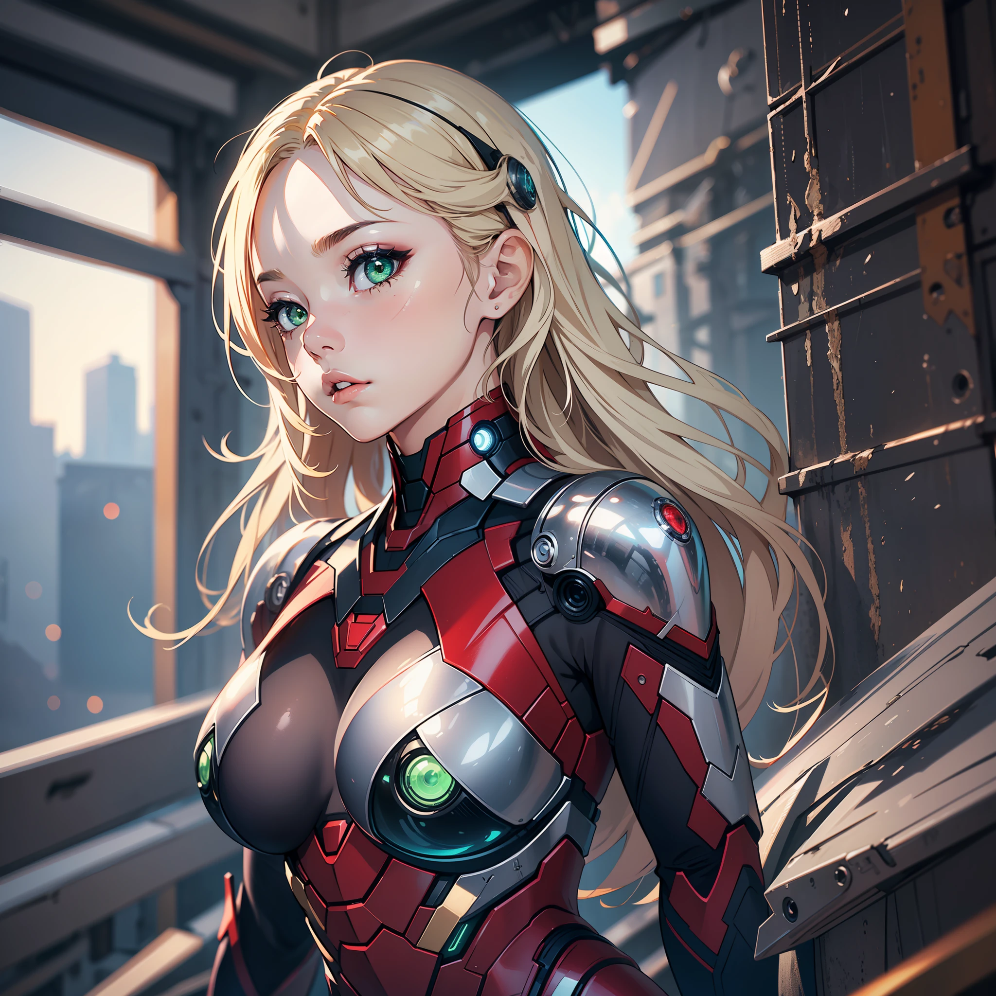 ((1girl:1.3))、a blond、Longhaire、独奏、__body-parts、large full breasts、Official Art、Unity 8k wallpapers、ultra-detailliert、Beautifully Aesthetic、Beautiful fece、masterpiece、top-quality、RAW、masterpiece、ultra fine photos、、top-quality、超A high resolution、Photorealsitic、sunlights、Full body portrait、stunningly beautiful、Dynamic poses、delicated face、lively eyes、(from side view)、she is wearing a futuristic Iron Man mech、Black and silver、Luminescent green、Very detailed abandoned warehouse background、A detailed face、Detailed complex busy background、clutter、a gorgeous、milkyW、Detailed skin、realistic skin detail、Visible Pore、foco nítido、Volume Fog、8k UHD、dslr camera、hightquality、film grains、de pele branca、photorealisim、Lomography、sprawling metropolis in a futuristic dystopia、viewed from below、semi transparent