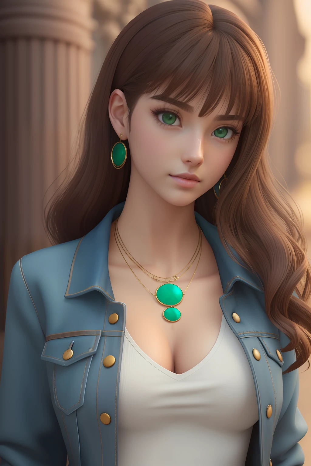 masterpiece, best quality,3d rending work ,3DMM style,close-up,portrait, 3D,1girl, solo, brown hair, string necklace, looking to the side, realistic, upper body, simple background, bangs, looking away, long black hair, parted lips, makeup, long brown curly hair, green eyes, small pink dress, red denim crop jacket, cleavage, aerith gainsborough, aerith