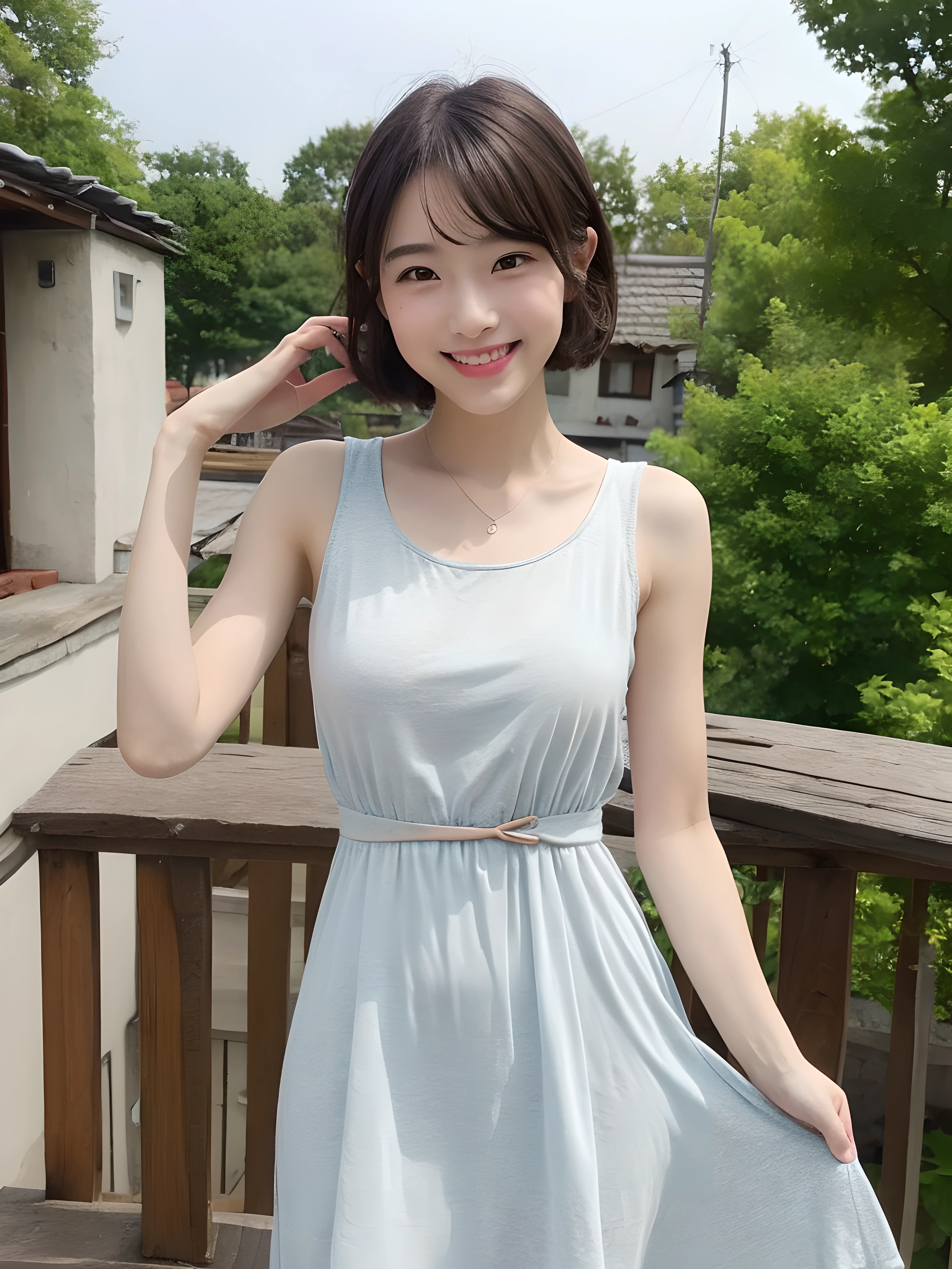 (((Best image quality,8K quality),tmasterpiece)), Drawing style tag: Natural casual hairstyle:1.2, dress detailed:1.1, The body emphasized: 1. Slender female abs:1.3, plumw:1.2, Summary of body details: Refined face:1, 二重まぶた:1, ssmile:1, Picture scene details: Beautiful village, Female life.