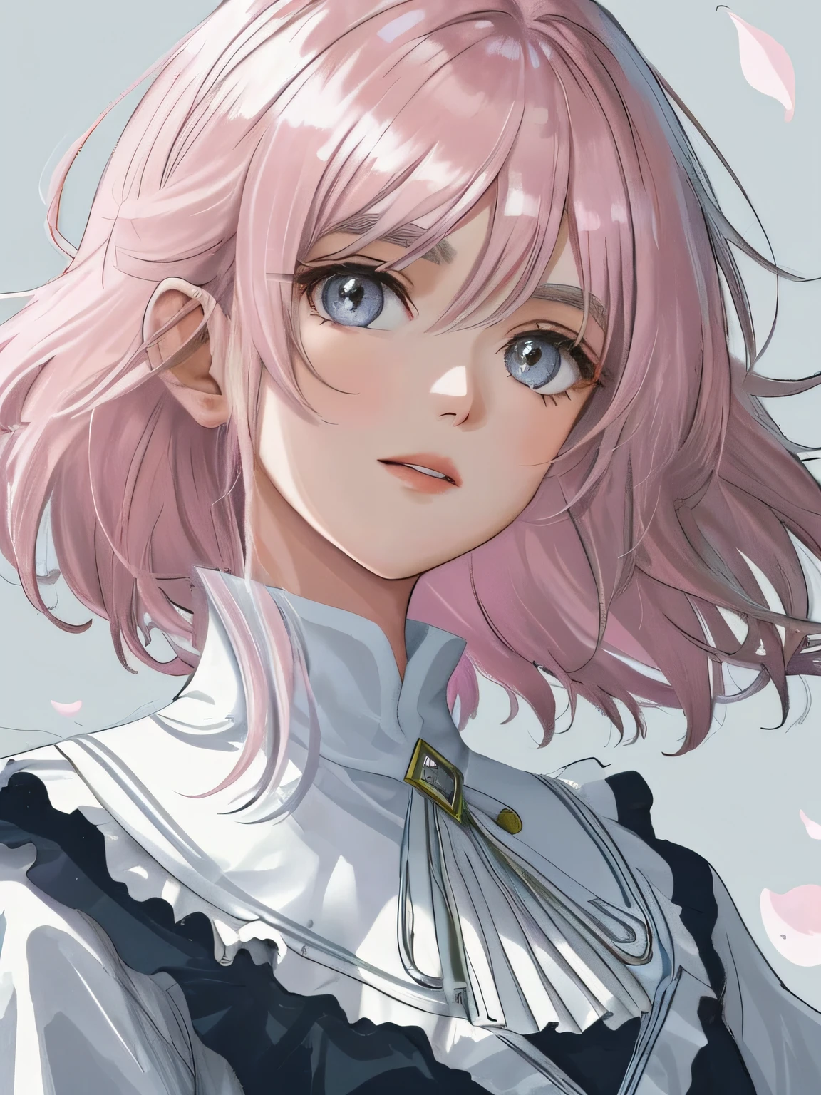 Obra-prima 8K superlativa, mulher anime, Retrato realista do vento frio, Sister, mulher de cabelo longo branco prateado, cabelos longos, light pink lips, franja calma e racional, pupilas cinzentas, fundo da flor, petals dancing, rosto delicado