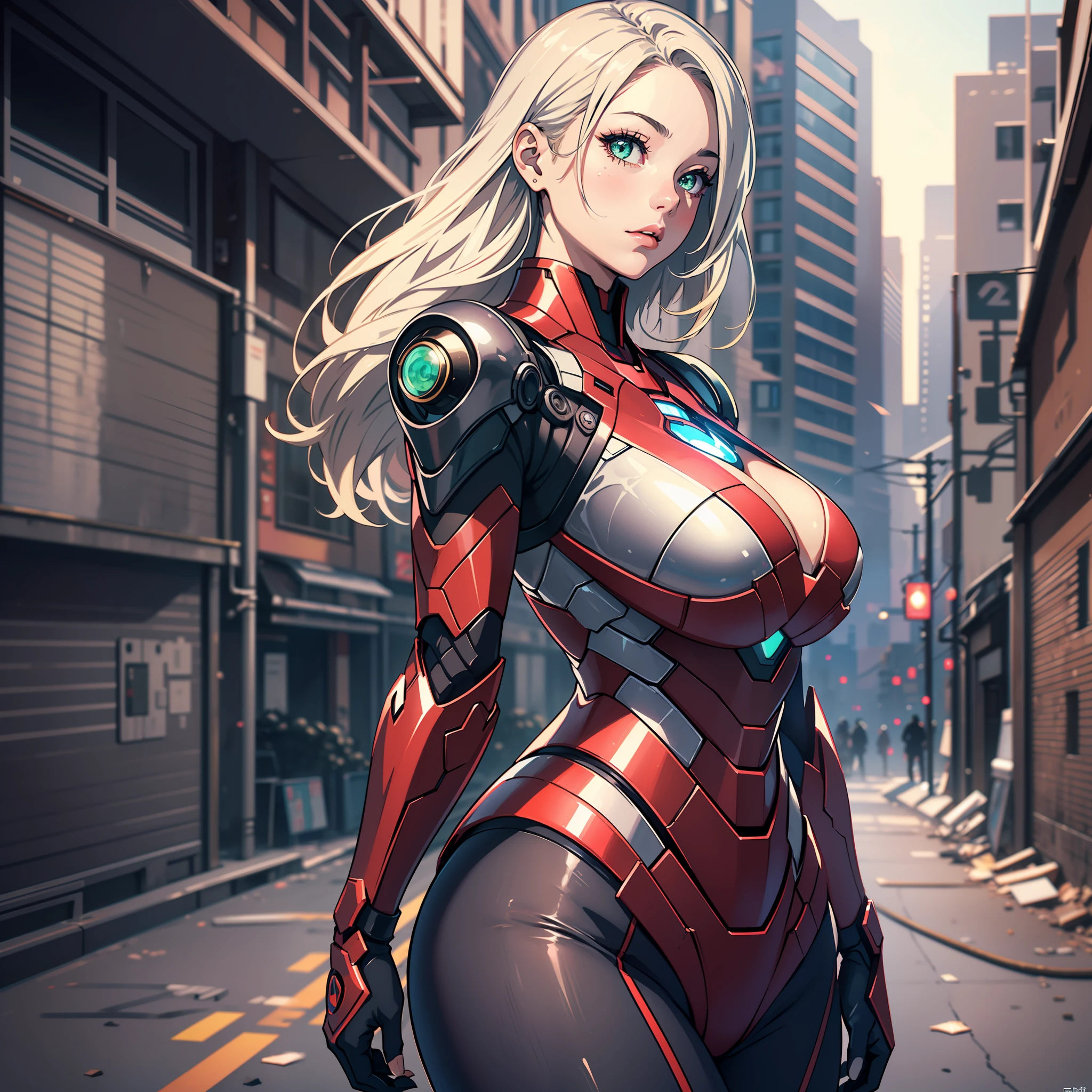 ((1girl:1.3))、a blond、Longhaire、独奏、__body-parts、large full breasts、Official Art、Unity 8k wallpapers、ultra-detailliert、Beautifully Aesthetic、Beautiful fece、masterpiece、top-quality、RAW、masterpiece、ultra fine photos、、top-quality、超A high resolution、Photorealsitic、sunlights、Full body portrait、stunningly beautiful、Dynamic poses、delicated face、lively eyes、(from side view)、she is wearing a futuristic Iron Man mech、Black and silver、Luminescent green、Very detailed abandoned warehouse background、A detailed face、Detailed complex busy background、clutter、a gorgeous、milkyW、Detailed skin、realistic skin detail、Visible Pore、foco nítido、Volume Fog、8k UHD、dslr camera、hightquality、film grains、de pele branca、photorealisim、Lomography、sprawling metropolis in a futuristic dystopia、viewed from below、semi transparent