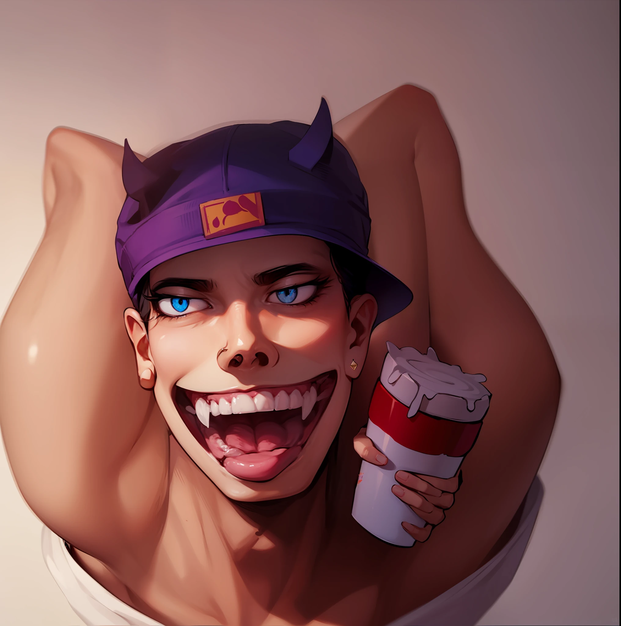 Um garoto, sorriso malvado, segurando um purple drank, Blue cap with flames, olhos vermelhos, desenho de linha, manga, desenho alfared, sem fundo, manter igual, do not change image, melhor qualidade, boca aberta, dentes de vampiro, bebida roxa