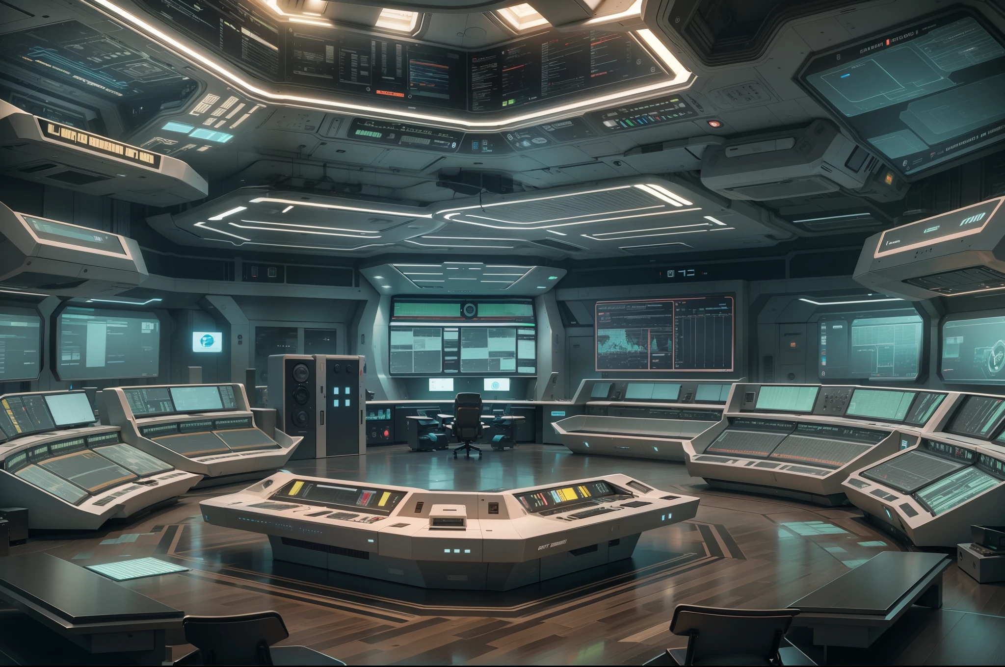 A futuristic control room full of ultra-modern computers, with a high-tech central table