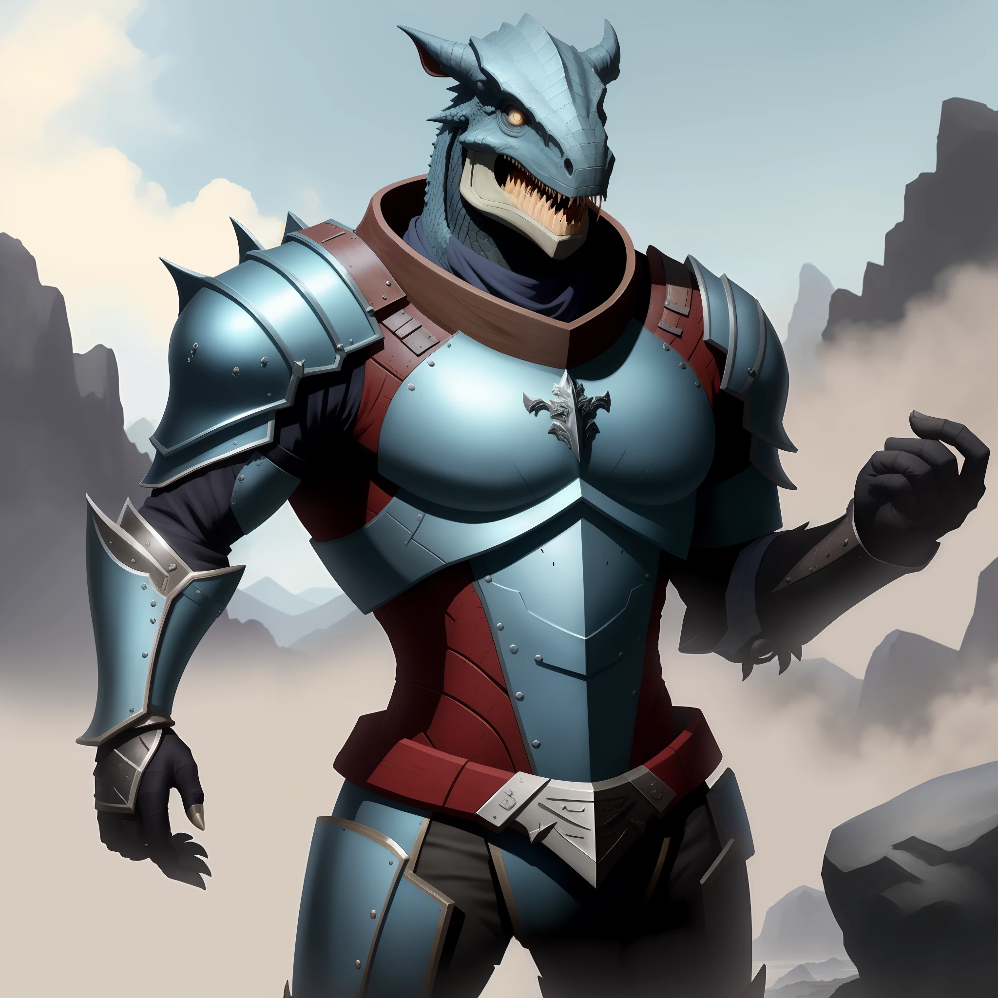 Imagine um argonian imponente e nobre, wearing immaculate ebony armor and silver details. The armor is perfectly forged to fit the argon body , destacando sua majestosa forma reptiliana. Each piece is richly ornamented, mostrando uma mescla de elementos tradicionais da cultura argonian e acabamentos finos da mais alta qualidade.
Uma espada claymore Stahlrim, com um gume afiado como o gelo, it's an impressive work of art. His blade, brilhante em um tom azul gelado, revela a beleza do material raro e resistente. The handle is wrapped in gray leather and adorned with silver details, proporcionando ao argonian um controle firme e seguro durante o combate.
The crusading Argonian exudes determination and courage as he wields his sword with mastery. His eyes shine with wisdom and compassion, showing his devotion to the fulfillment of a noble mission. Their posture is firm, but welcoming, evidenciando sua vontade de proteger os necessitados e lutar por um mundo mais justo.
Ao fundo, An epic landscape stretches, com montanhas majestosas e uma neblina suave, creating an atmosphere of adventure and mystery. The soft light of the setting sun enhances the blue and gray colors of the Stahlrim sword and armor, enquanto a prata reflete os raios solares, criando um brilho deslumbrante.
This image conveys not only the strength and skill of the Argonian Crusader, but also his compassion and dedication to a better world. It has characteristics of reptiles