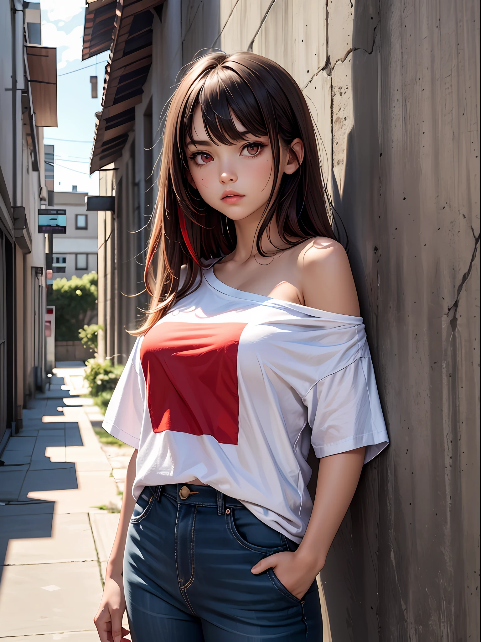 top-quality, intricate detailes, chromatic abberation, 1girl in, length hair, A dark-haired, Unkempt hair, red highlights, Hair above one eye, red eyes, sharp eye, Oversized white T-shirt, Cowboy Shots, wind lift, (oversize tshirt: 1.2 inch),off shoulders,against a wall, Concrete walls, doodle, Dim lighting, alleyway