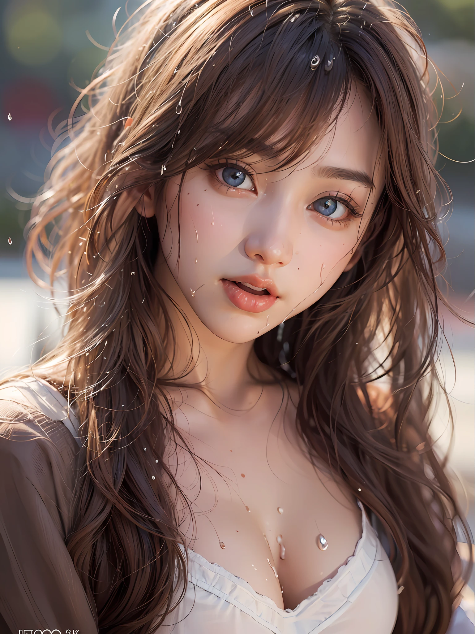 best quality, ultra high res, (photorealistic:1.4), 8k resolution, girl, (brown random hair:1.3), (realistic hair:1.2), (Korean girl:1.2), (realistic eyes:1.2), (beauty face:1.3), perfect body, white pale skin, big breast, cleavage, (mouth and tongue open:1.2), (top angle:1.3), (wet thong:1.2),